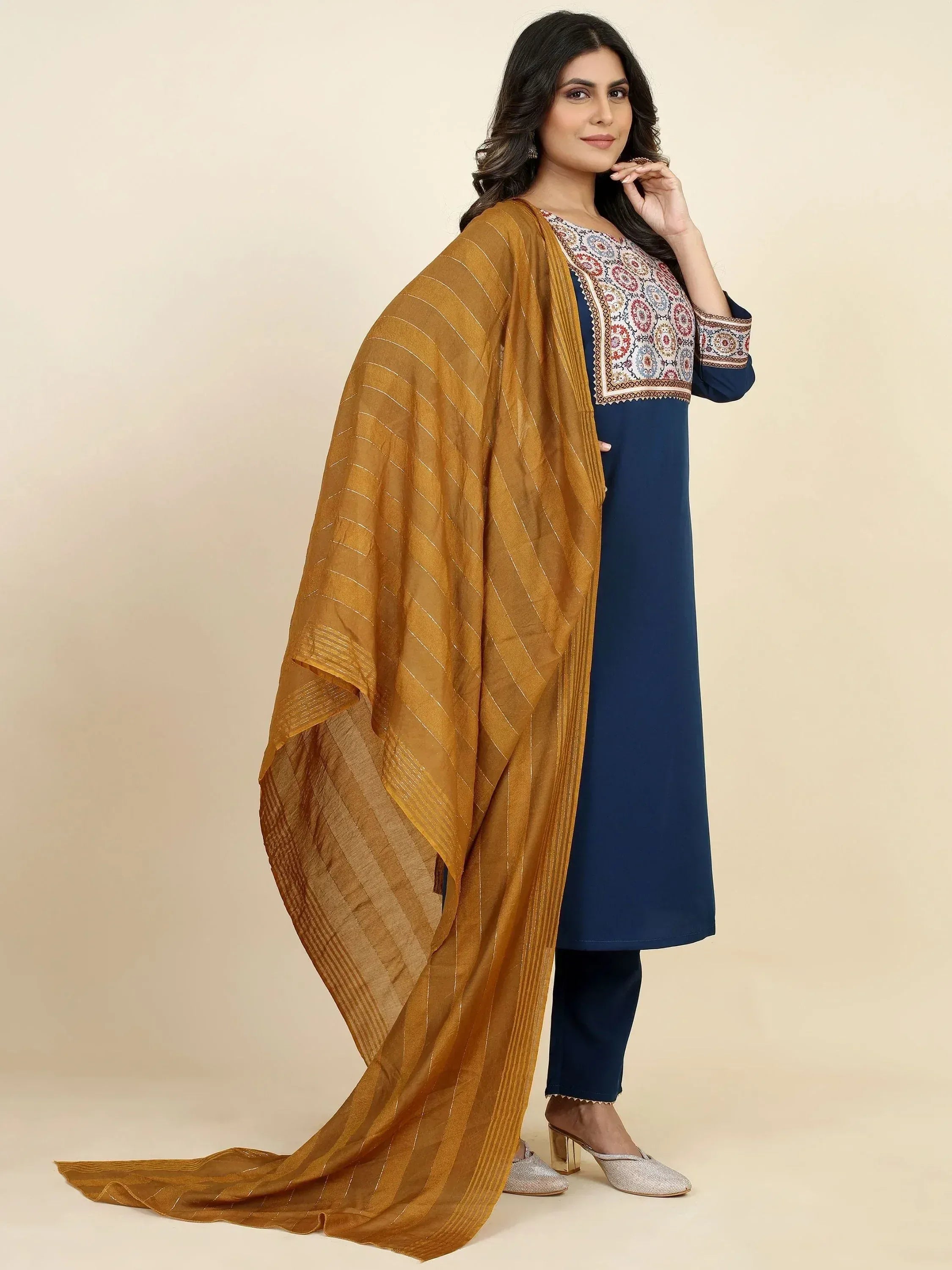 Blue embroidered kurta with mustard dupatta, Indian ethnic wear