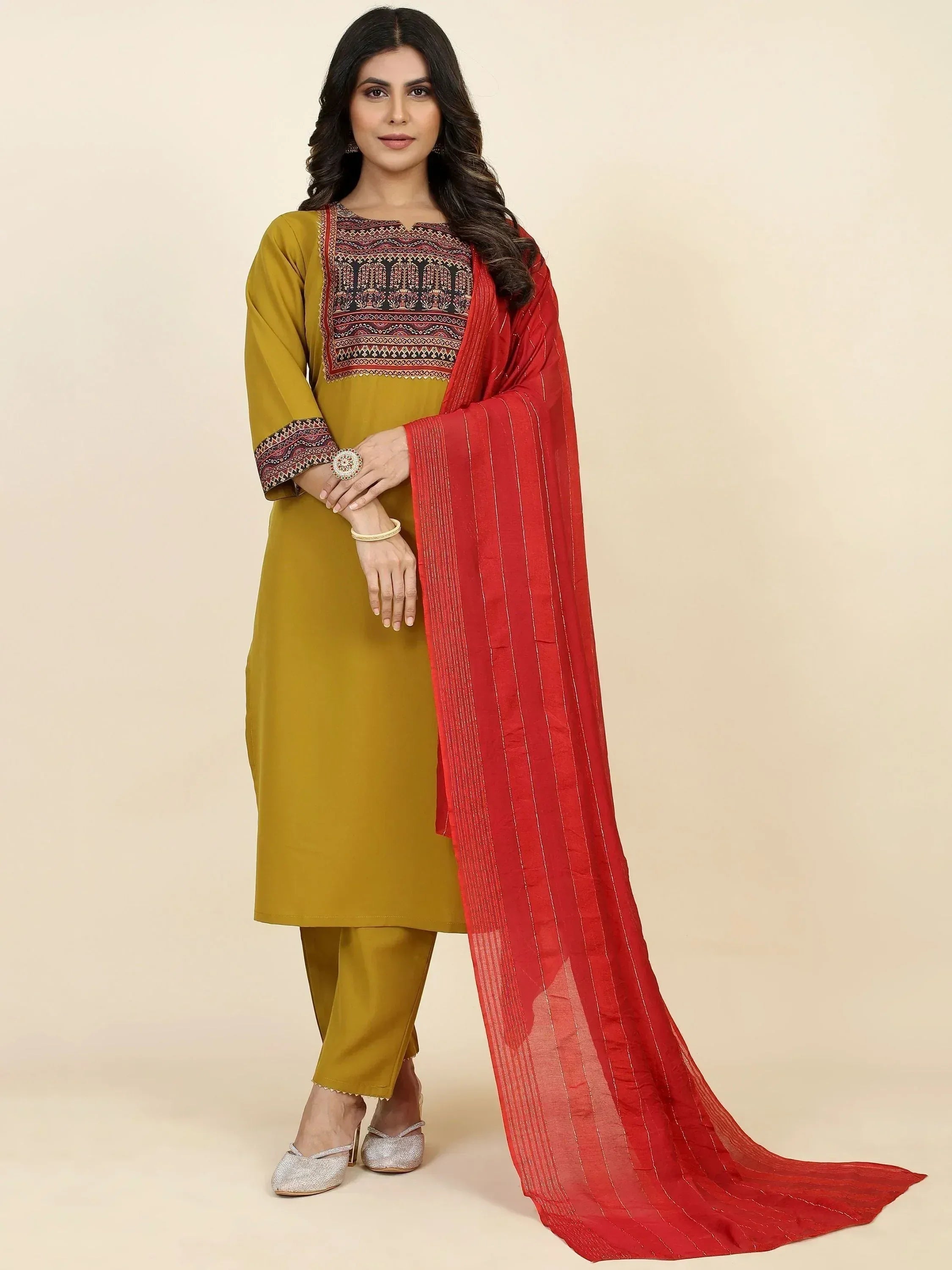 Mustard yellow embroidered salwar kameez with red dupatta, perfect for Indian ethnic wear