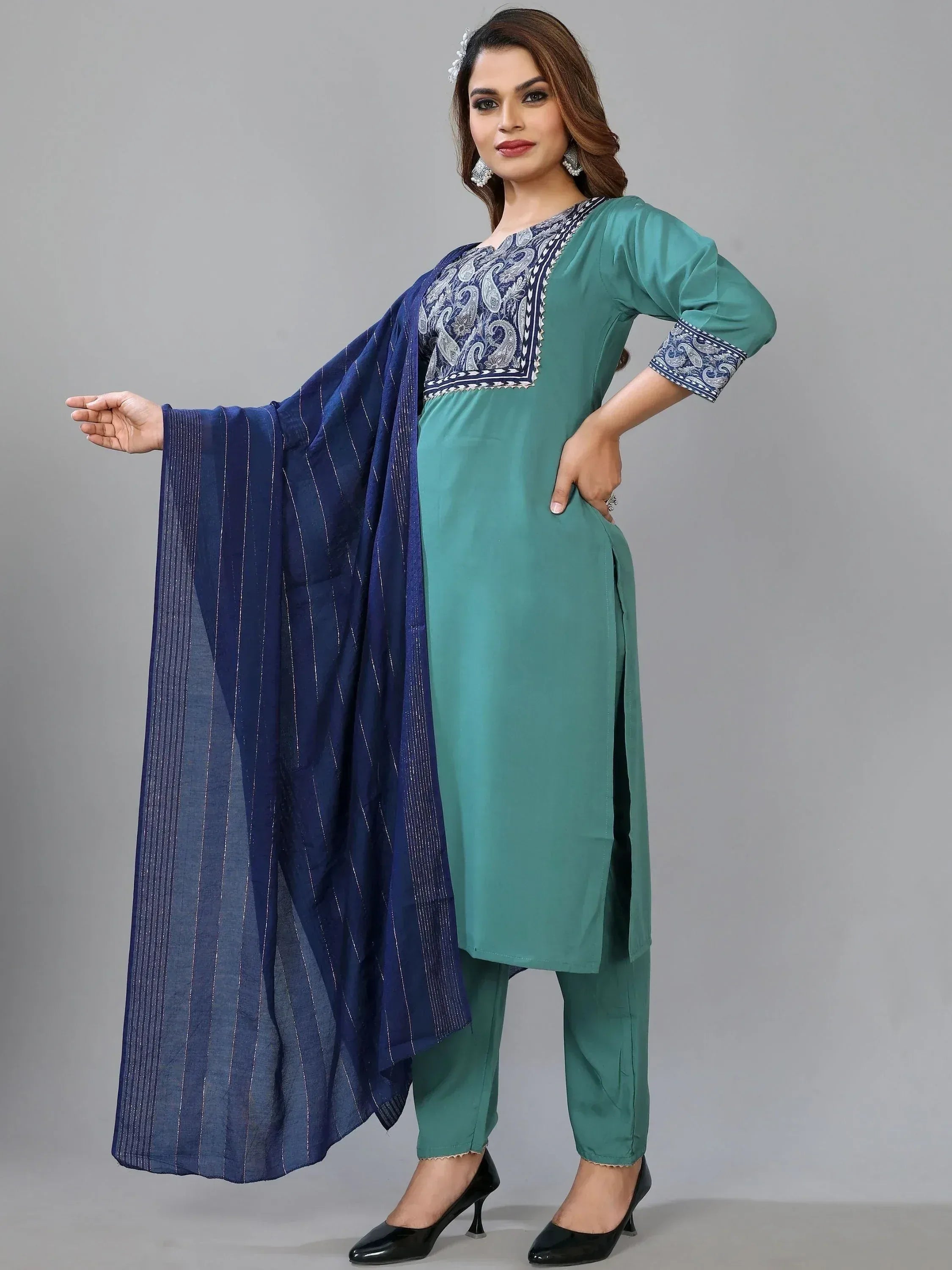 Teal ethnic kurti with blue dupatta, paisley embroidery, and matching pants for Indian wear