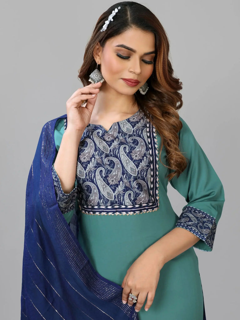 Captivating Teal Blue Digital Printed Crepe Traditional Pant Suit