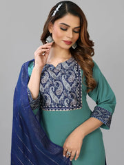 Captivating Teal Blue Digital Printed Crepe Traditional Pant Suit