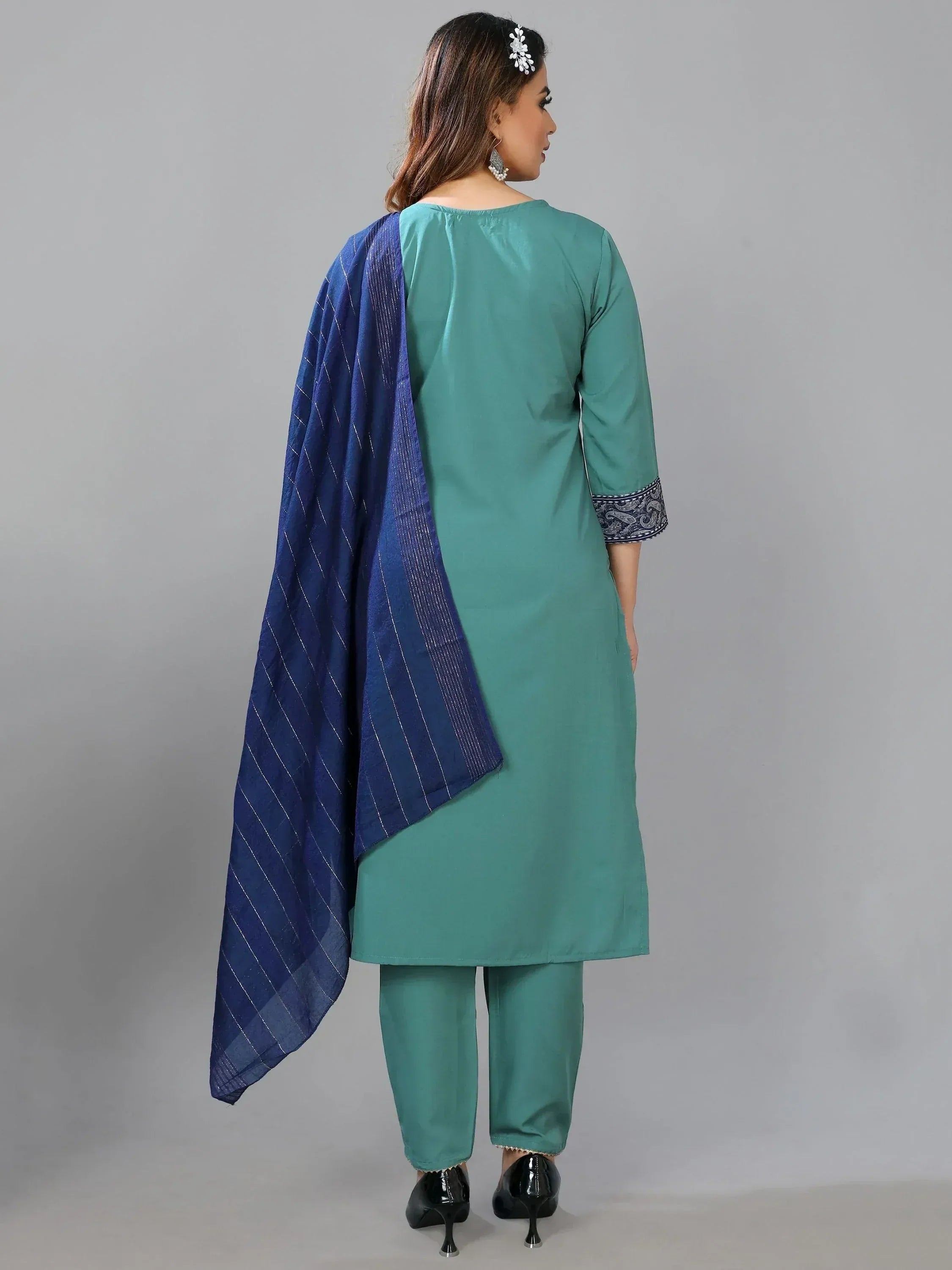 Teal salwar kameez with blue striped dupatta, ethnic wear for women