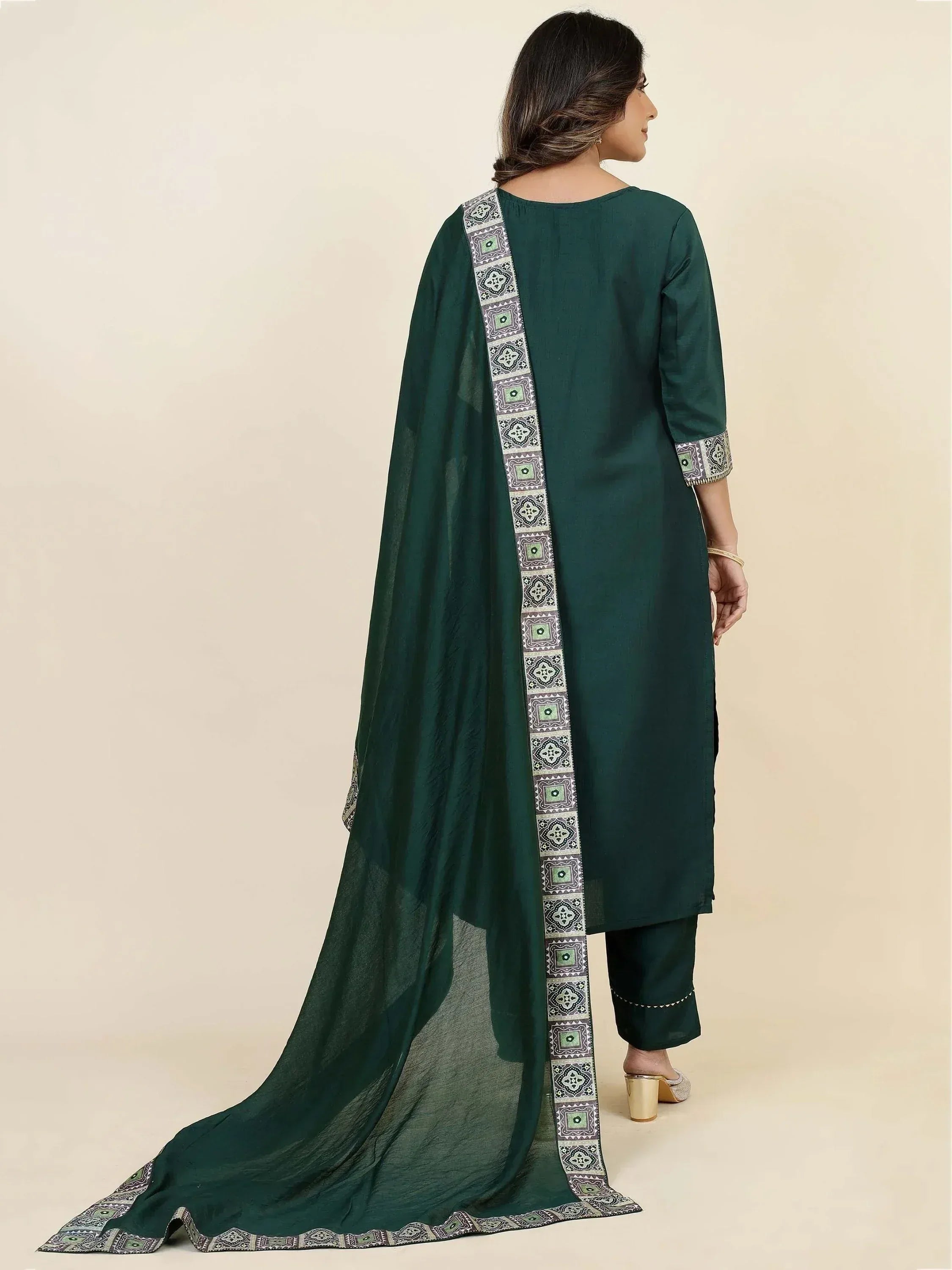 Emerald green salwar kameez with printed dupatta, ethnic wear for women