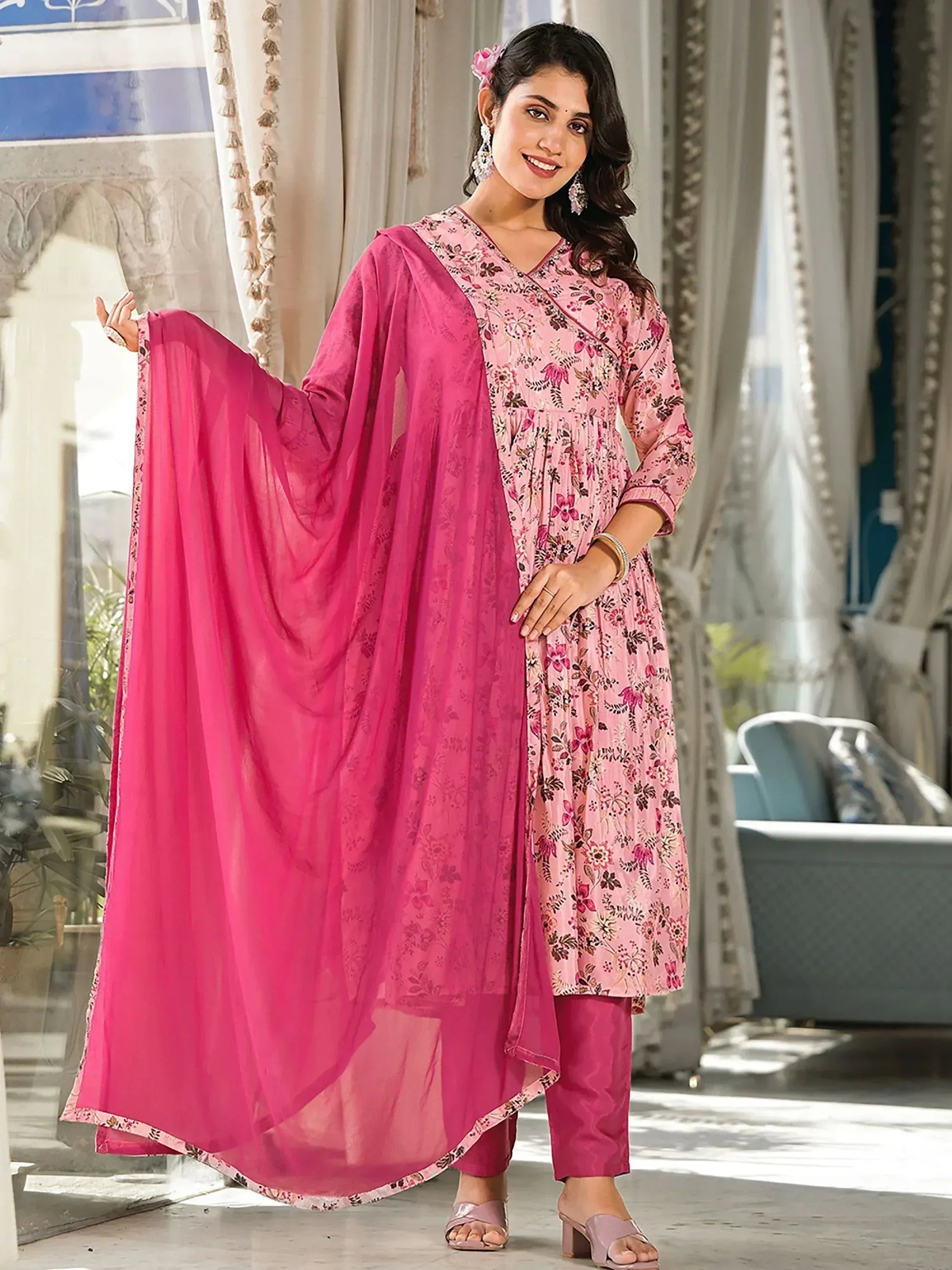 Pink floral print kurta with matching palazzo and dupatta, ethnic wear for women