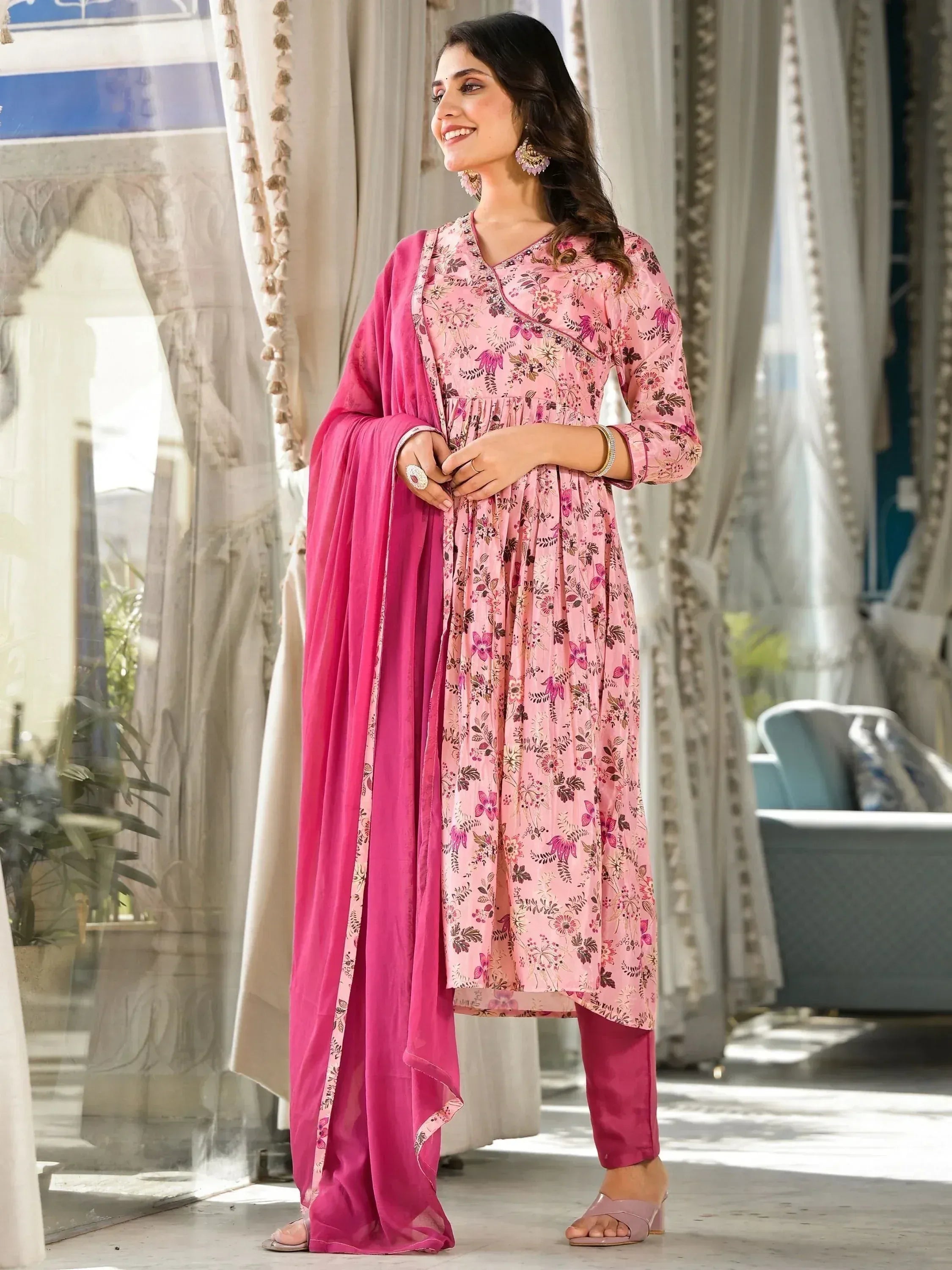 Pink floral printed ethnic kurti with matching palazzo and dupatta, perfect for Indian festive wear