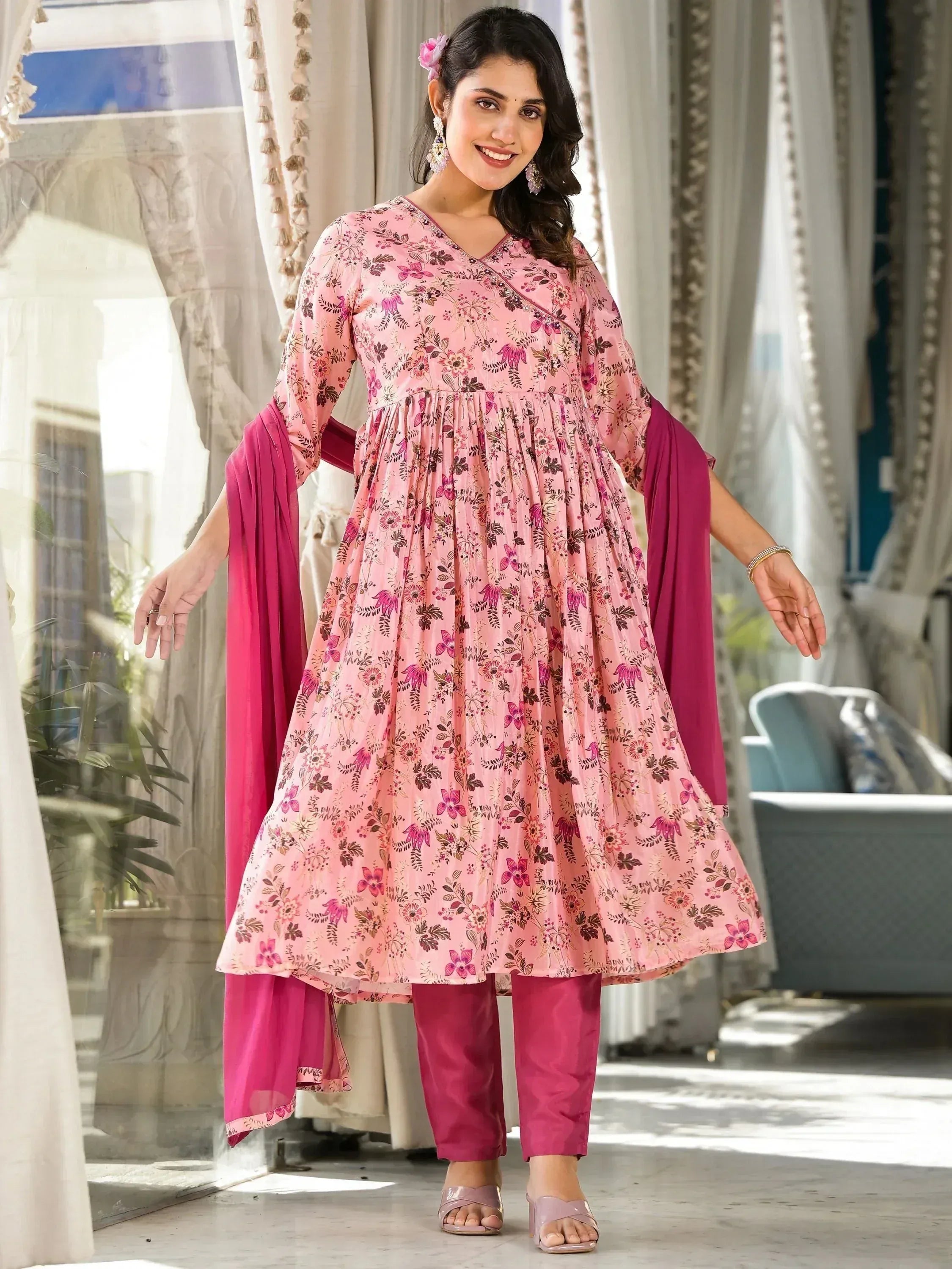 Pink floral print anarkali suit with matching pants and dupatta, perfect for ethnic occasions