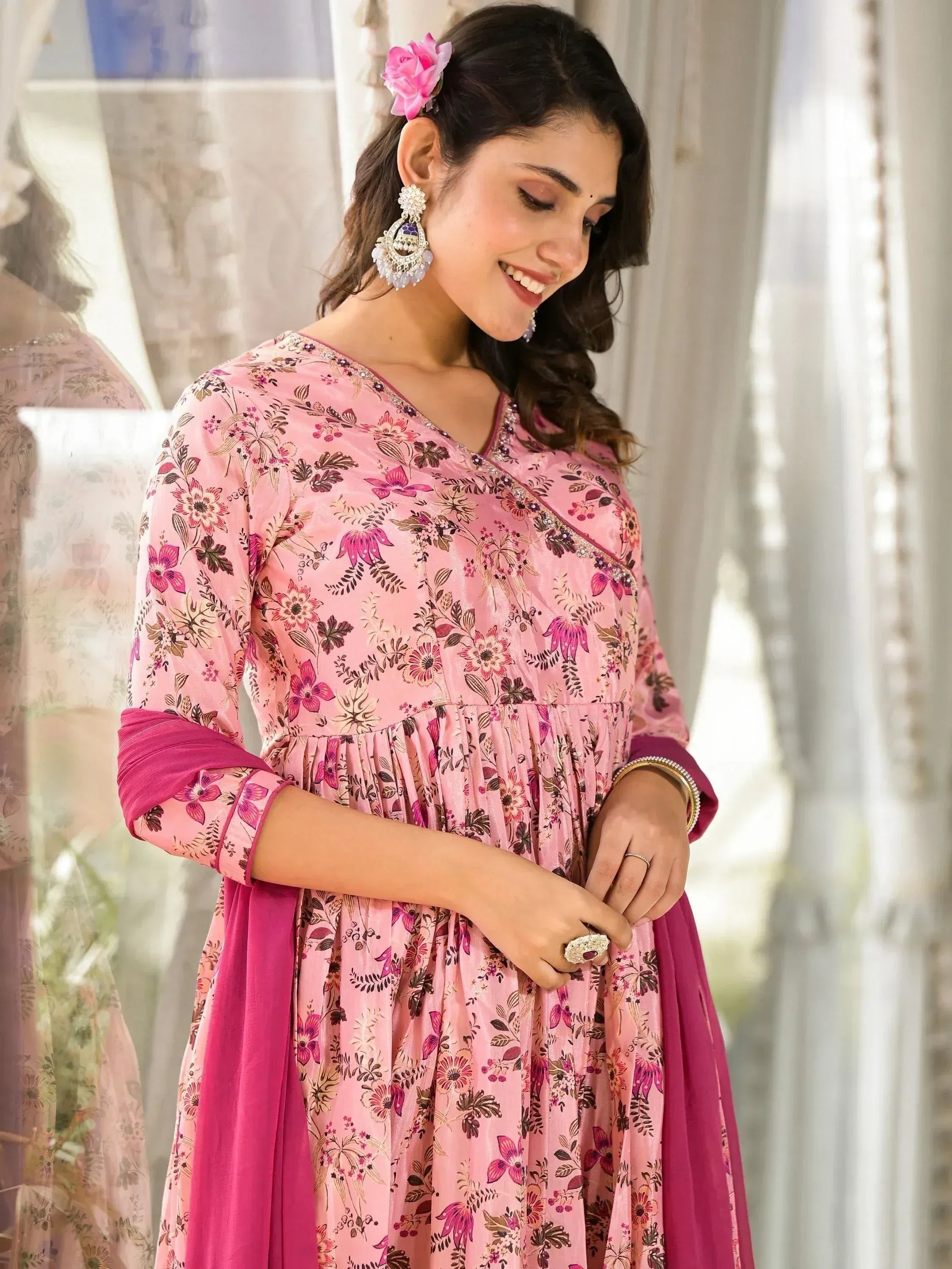 Pink floral ethnic gown with matching dupatta, perfect for Indian celebrations