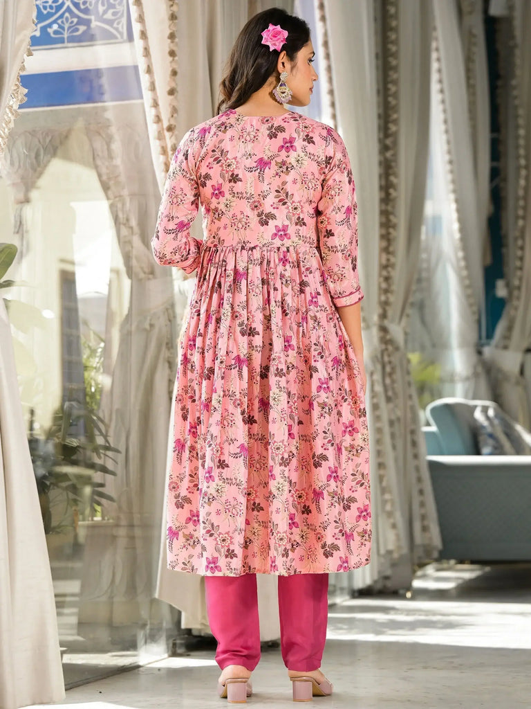 Stunning Light Pink Floral Printed Silk Festival Wear Pant Suit