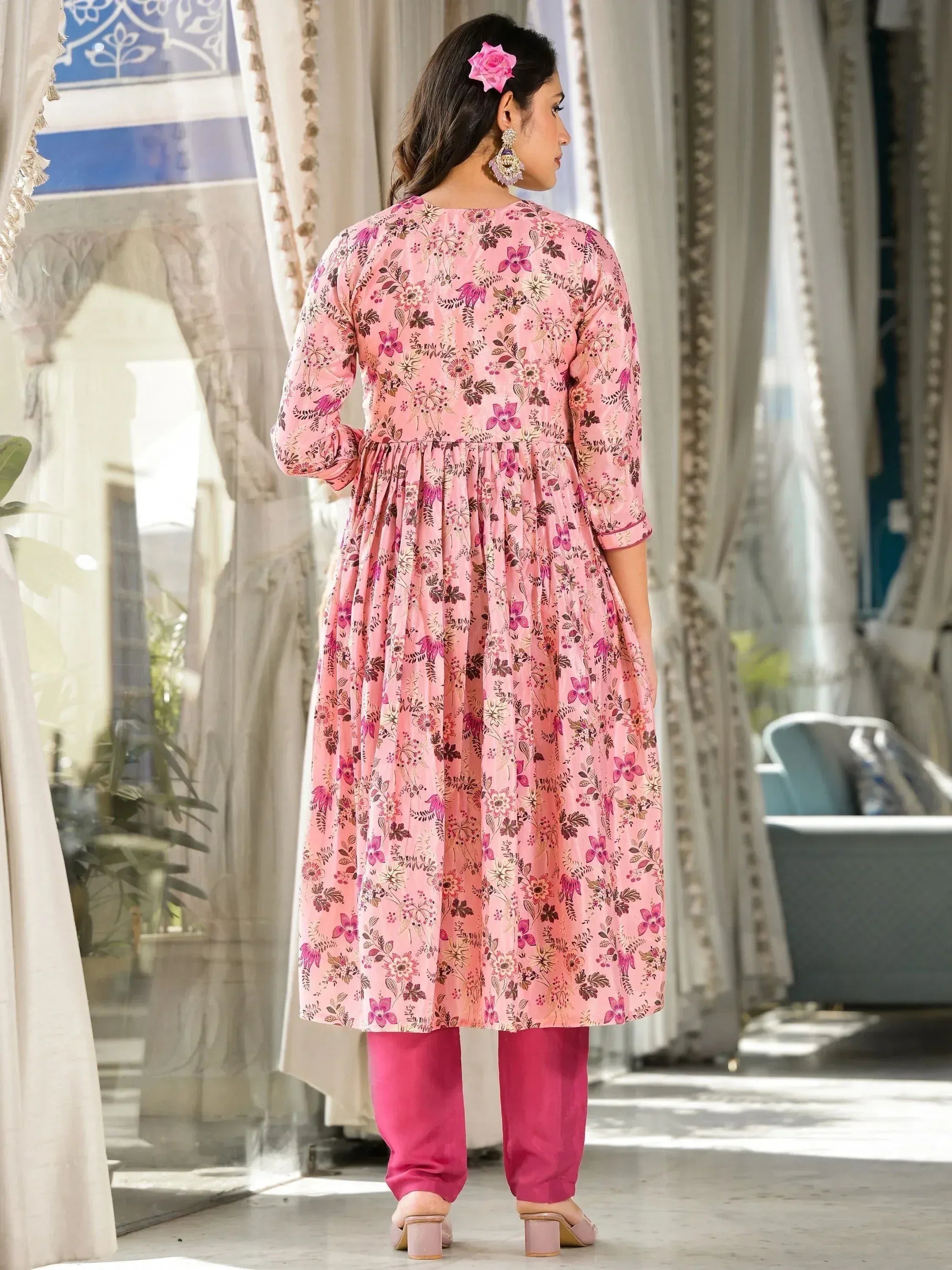 Pink floral printed ethnic kurti with matching pants, perfect for Indian festive wear