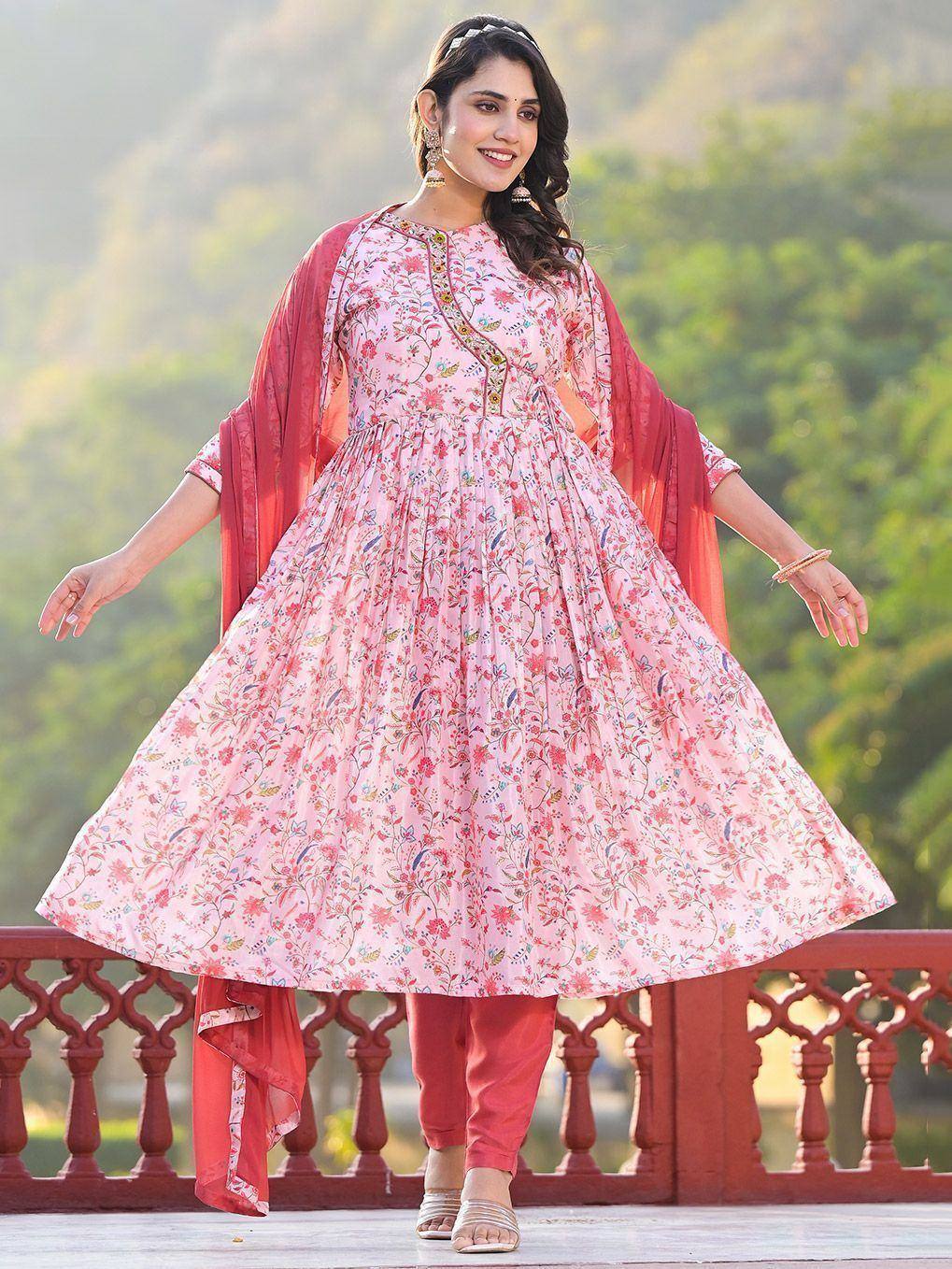 Pink floral anarkali suit with matching dupatta, perfect for Indian ethnic occasions