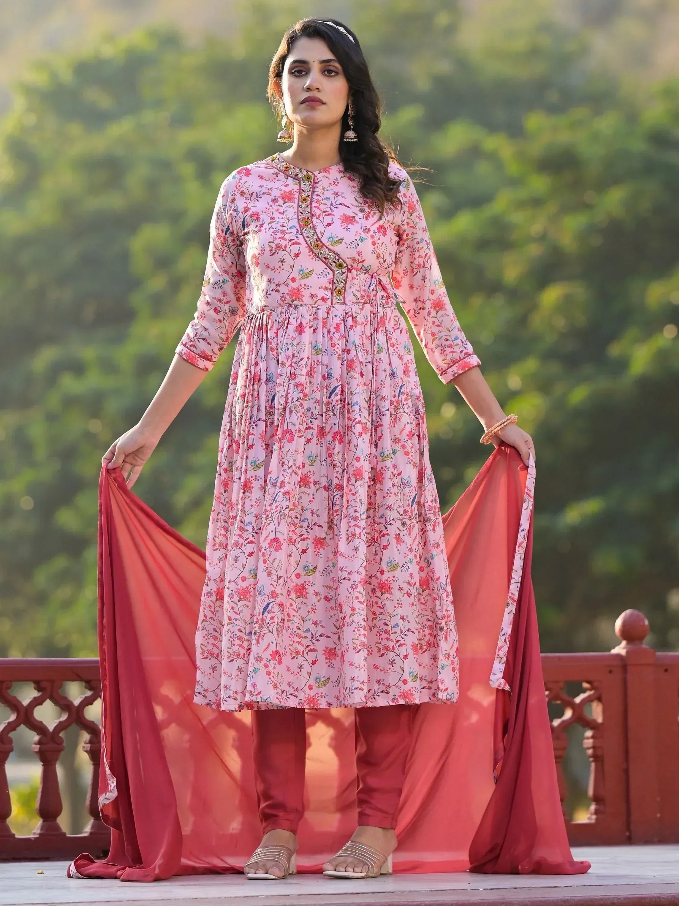 Pink floral printed kurta with red palazzo and dupatta, ethnic wear for women