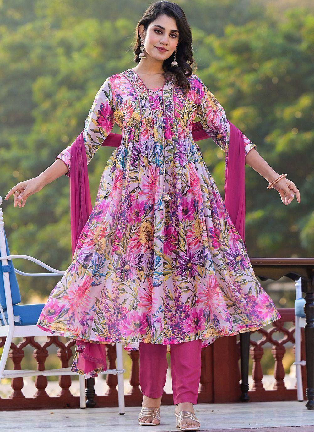 Floral print ethnic anarkali suit with pink pants and dupatta, perfect for Indian occasions
