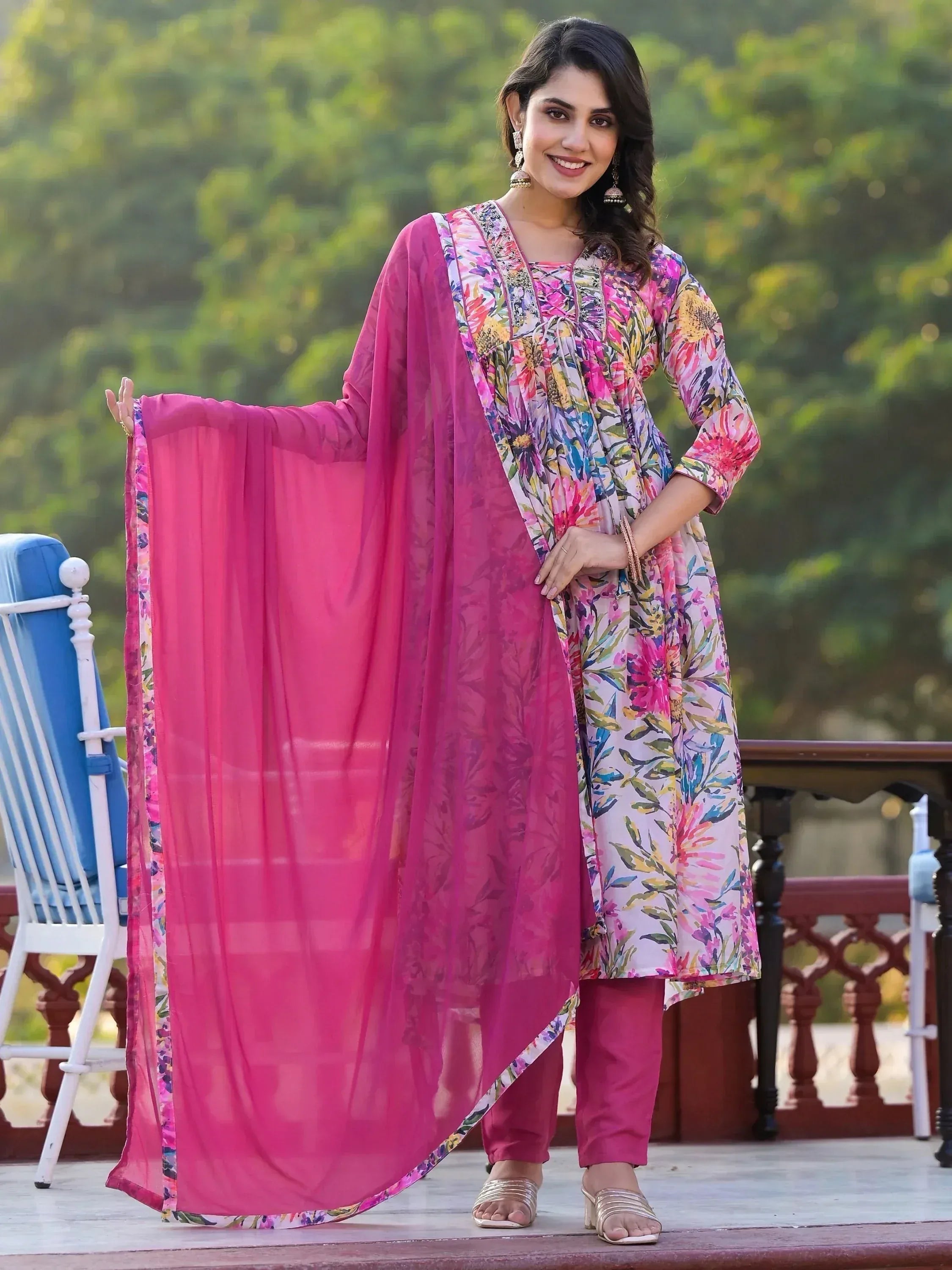 Floral print salwar kameez with pink dupatta, ethnic Indian wear for women