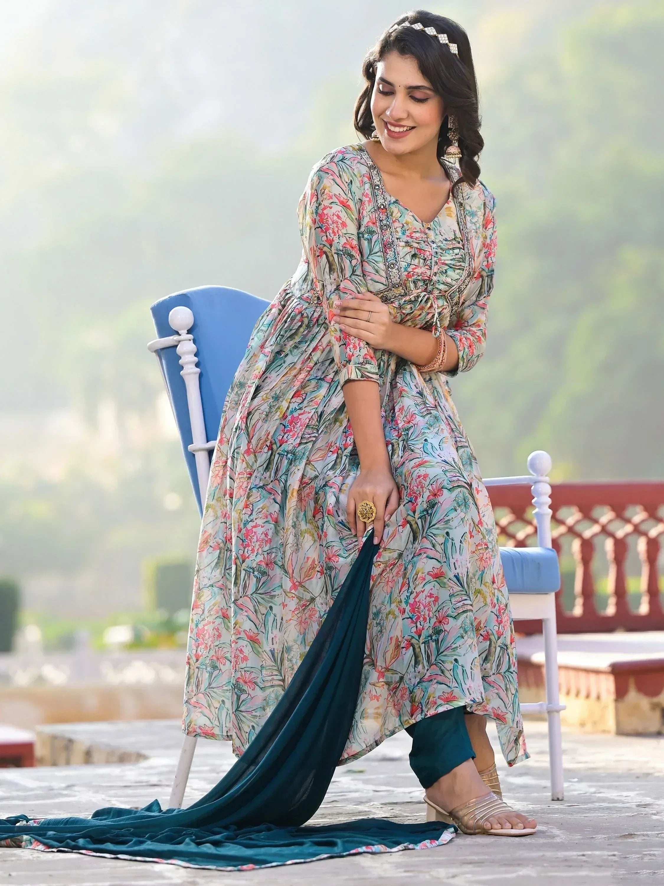 Floral printed ethnic gown with teal dupatta, perfect for Indian occasions and festive wear
