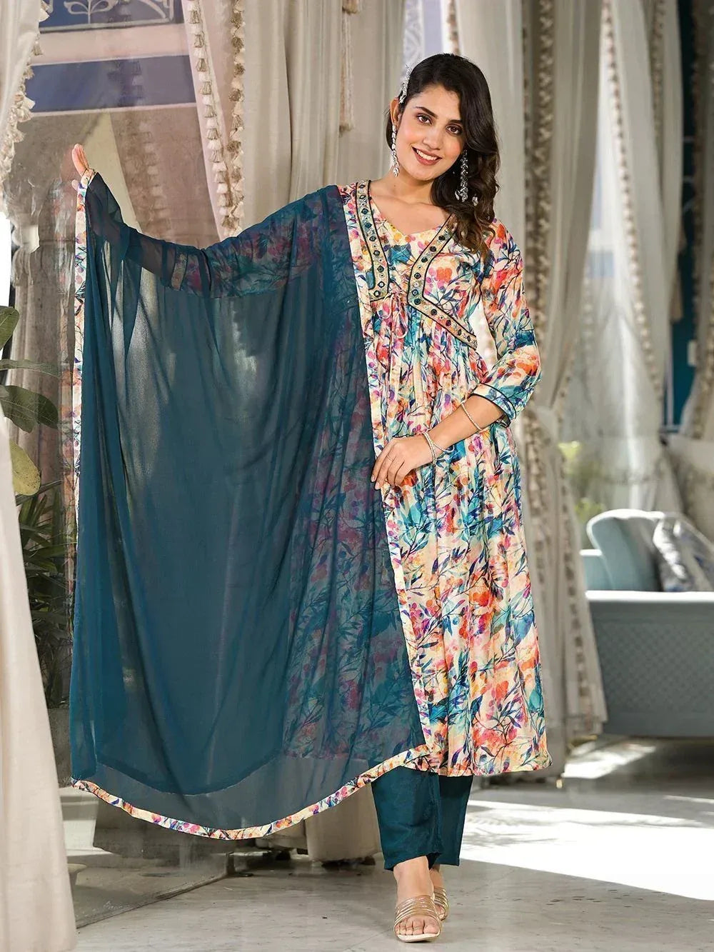 Floral print salwar kameez with teal dupatta, ethnic Indian wear for women