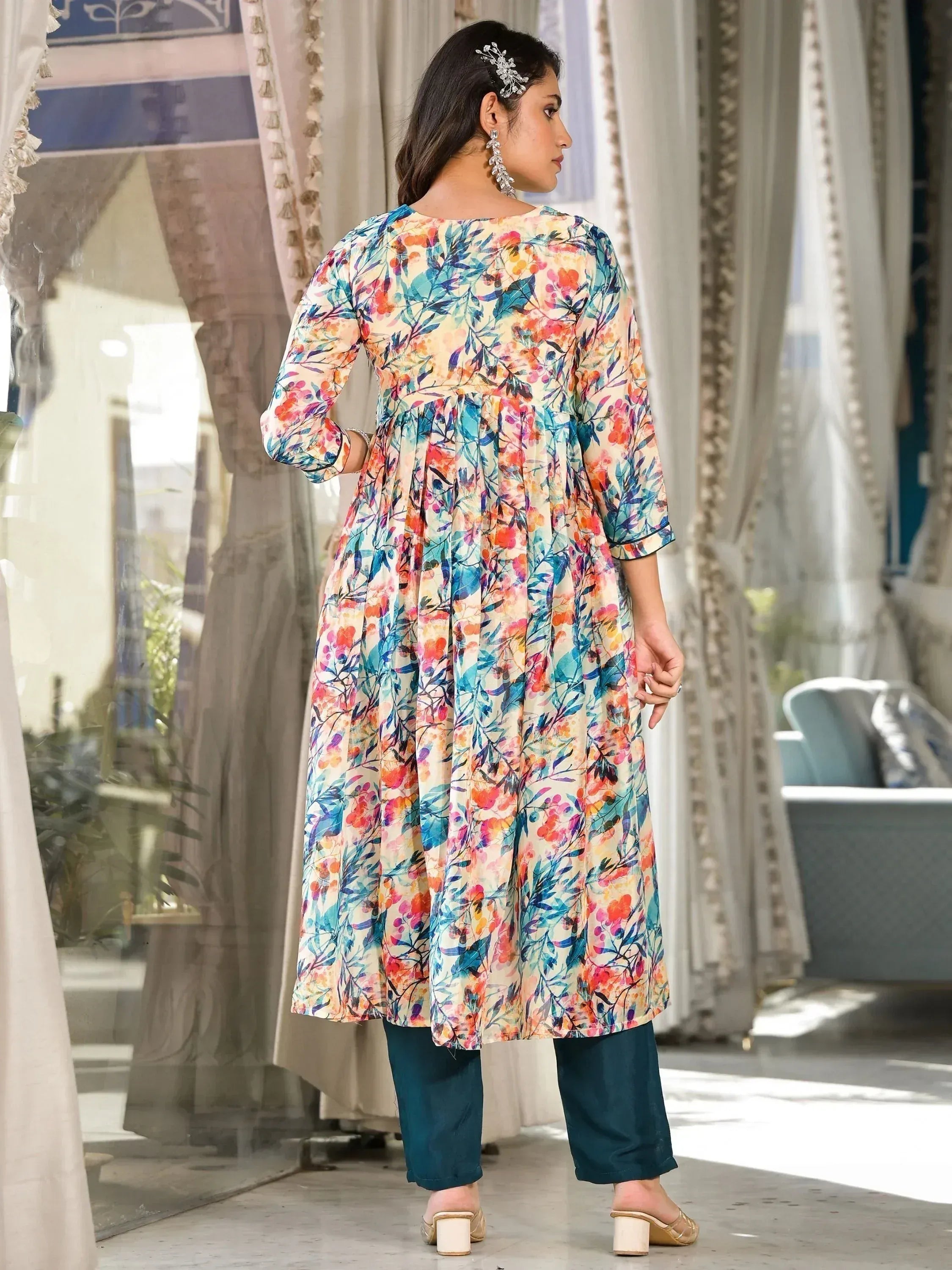 Floral print ethnic kurta with palazzo pants, stylish Indian wear for women