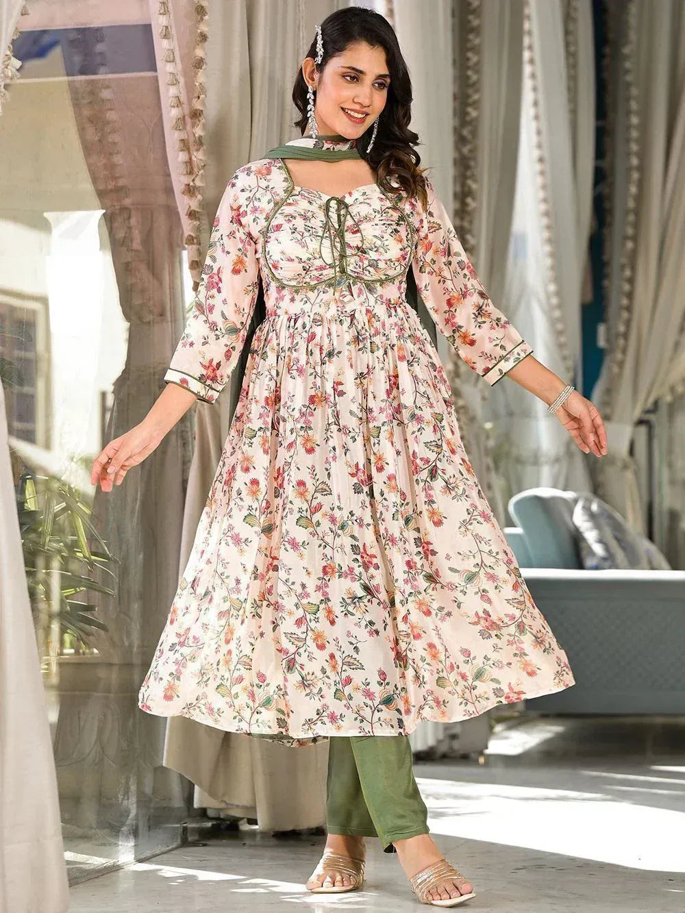 Floral print ethnic kurti with green pants, perfect for Indian festive wear and daily styling