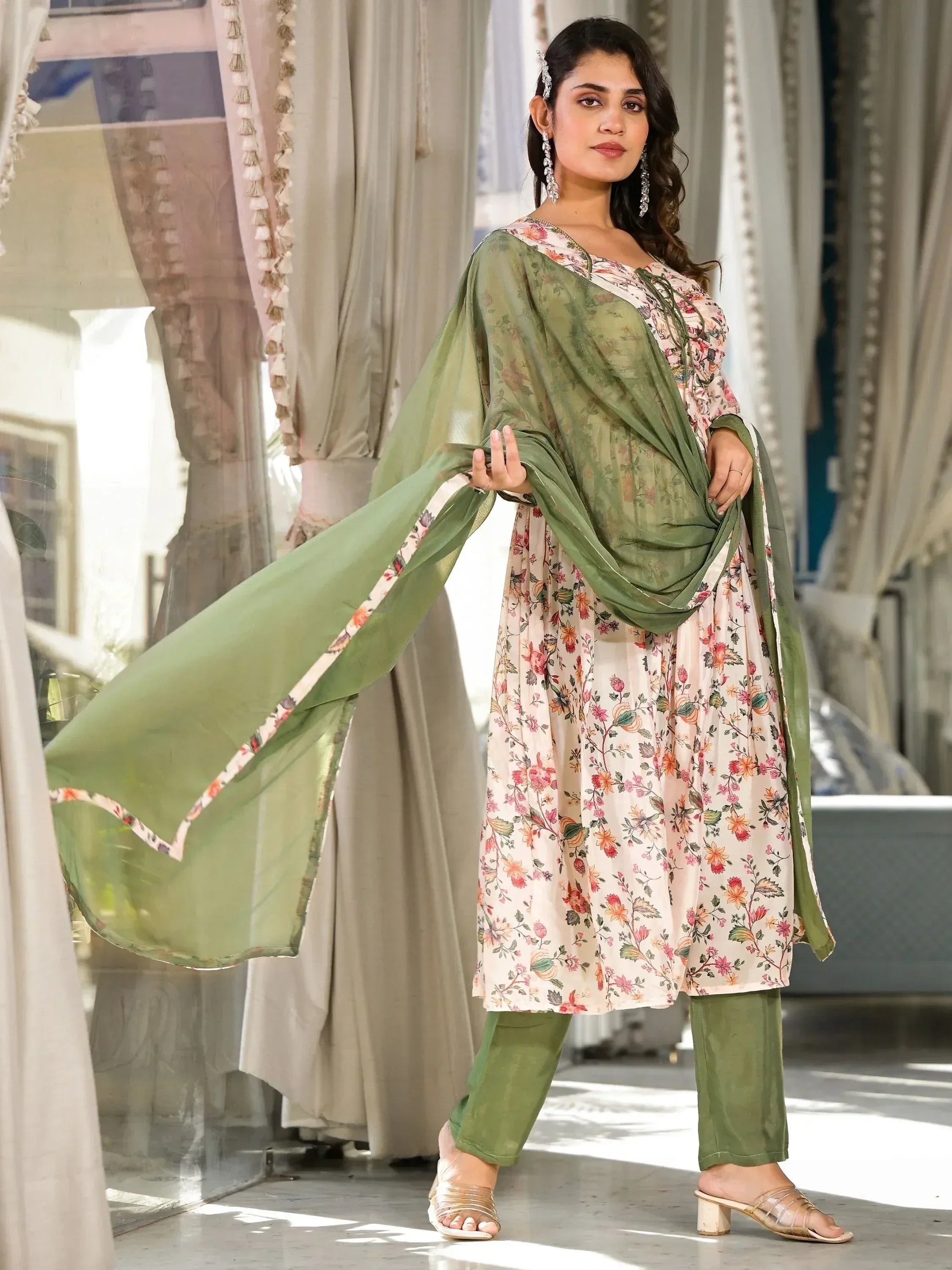 Floral print salwar kameez with green dupatta, ethnic Indian wear for women