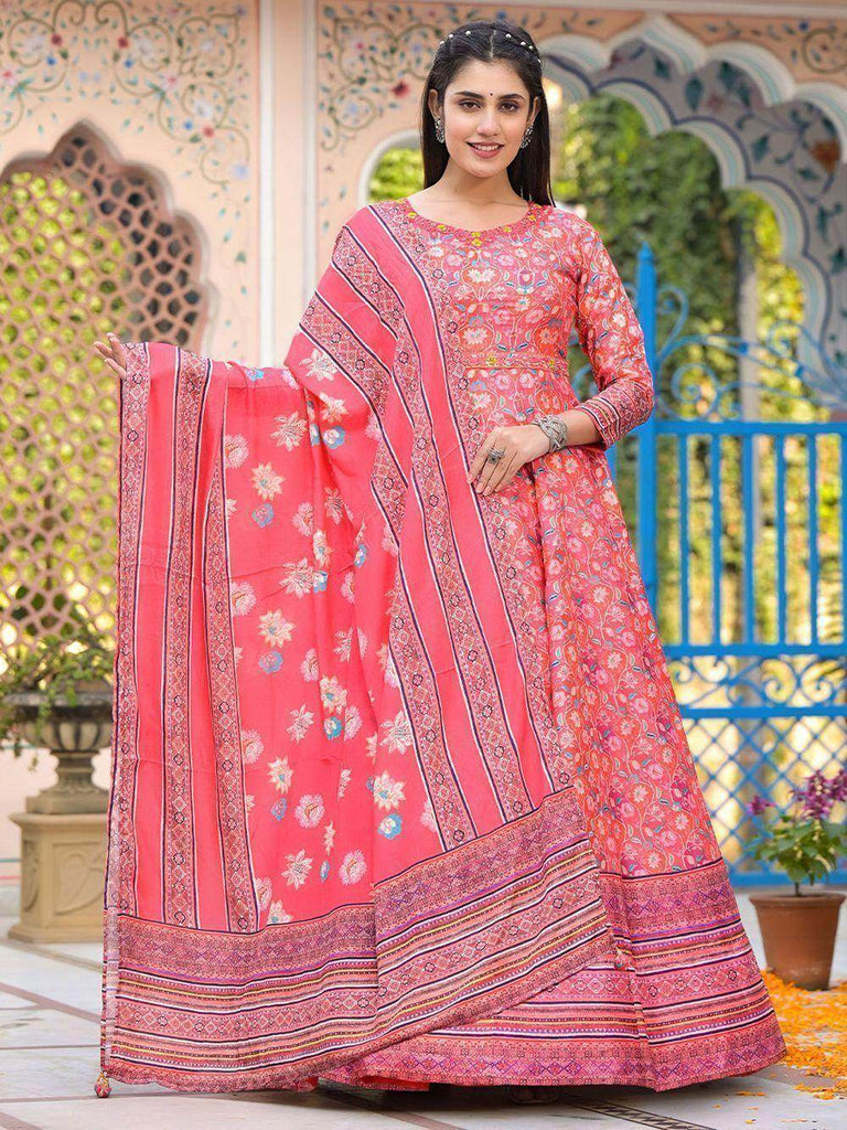 Awesome Coral Red Digital Printed Dola Silk Gown With Dupatta