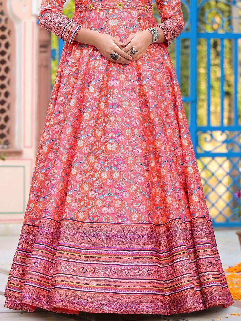 Awesome Coral Red Digital Printed Dola Silk Gown With Dupatta
