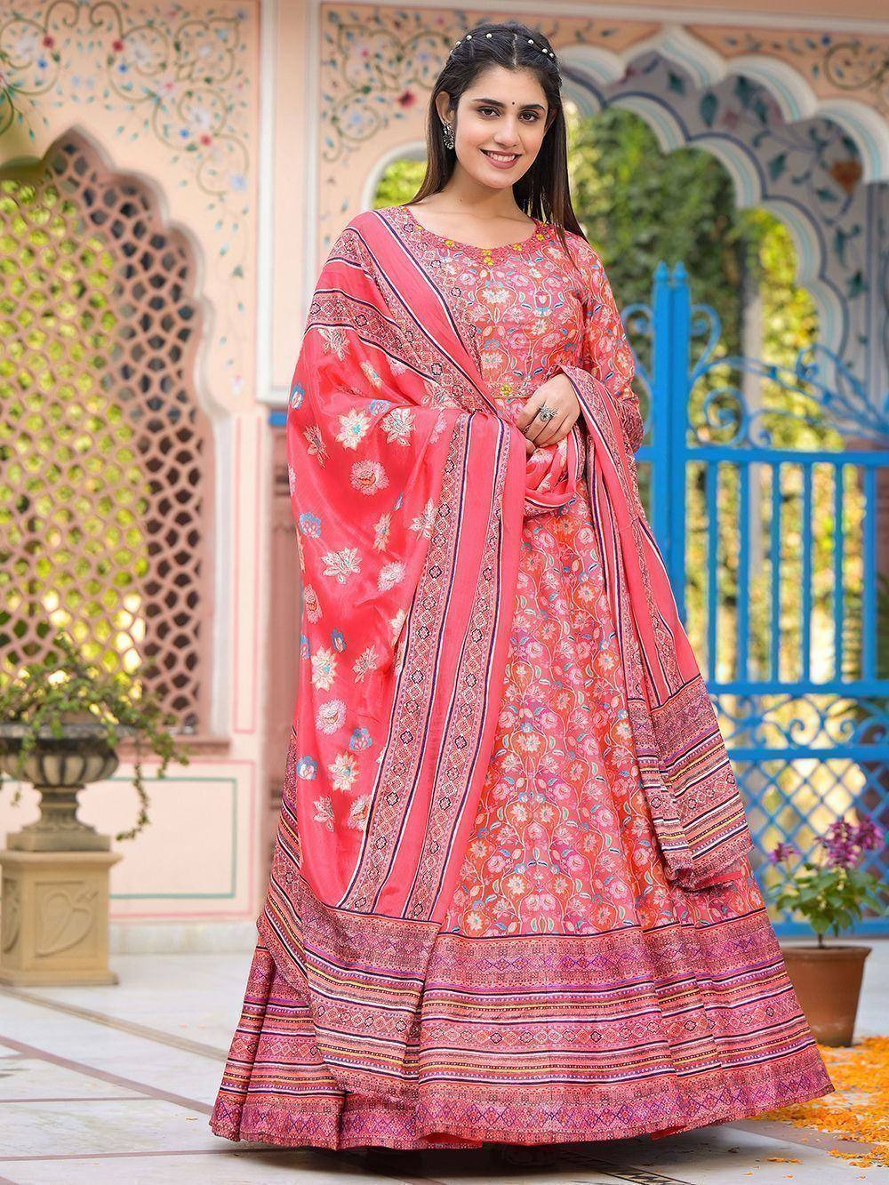 Pink floral printed anarkali suit with dupatta, ethnic Indian wear for women