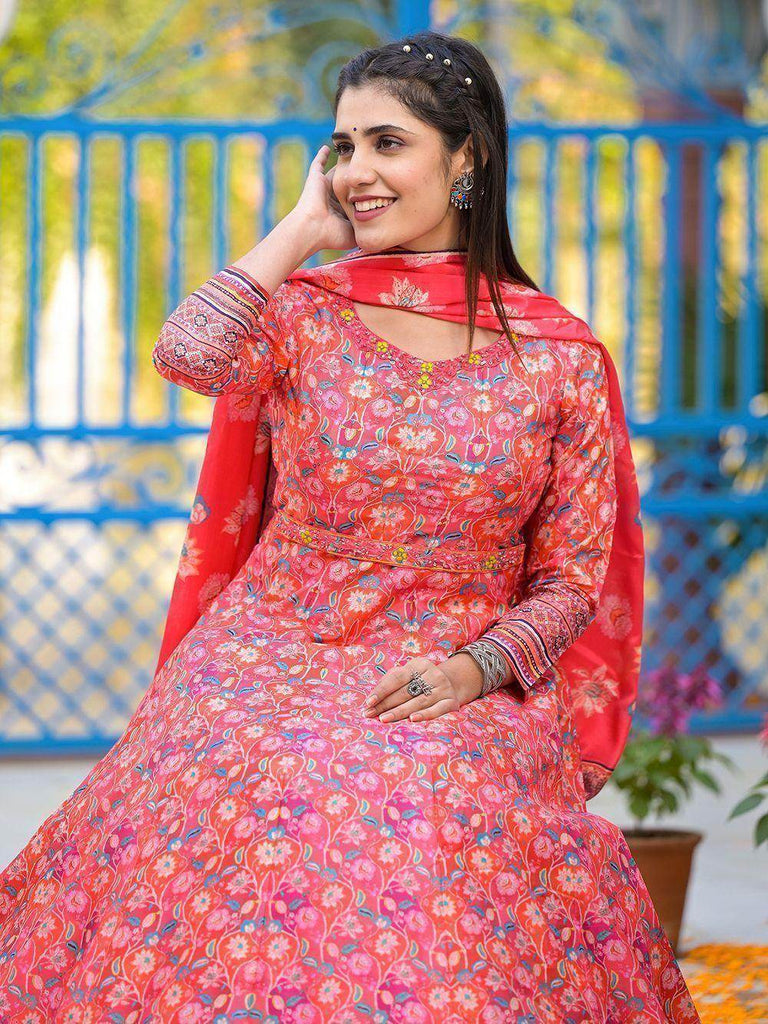 Awesome Coral Red Digital Printed Dola Silk Gown With Dupatta