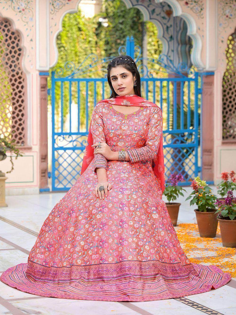 Awesome Coral Red Digital Printed Dola Silk Gown With Dupatta