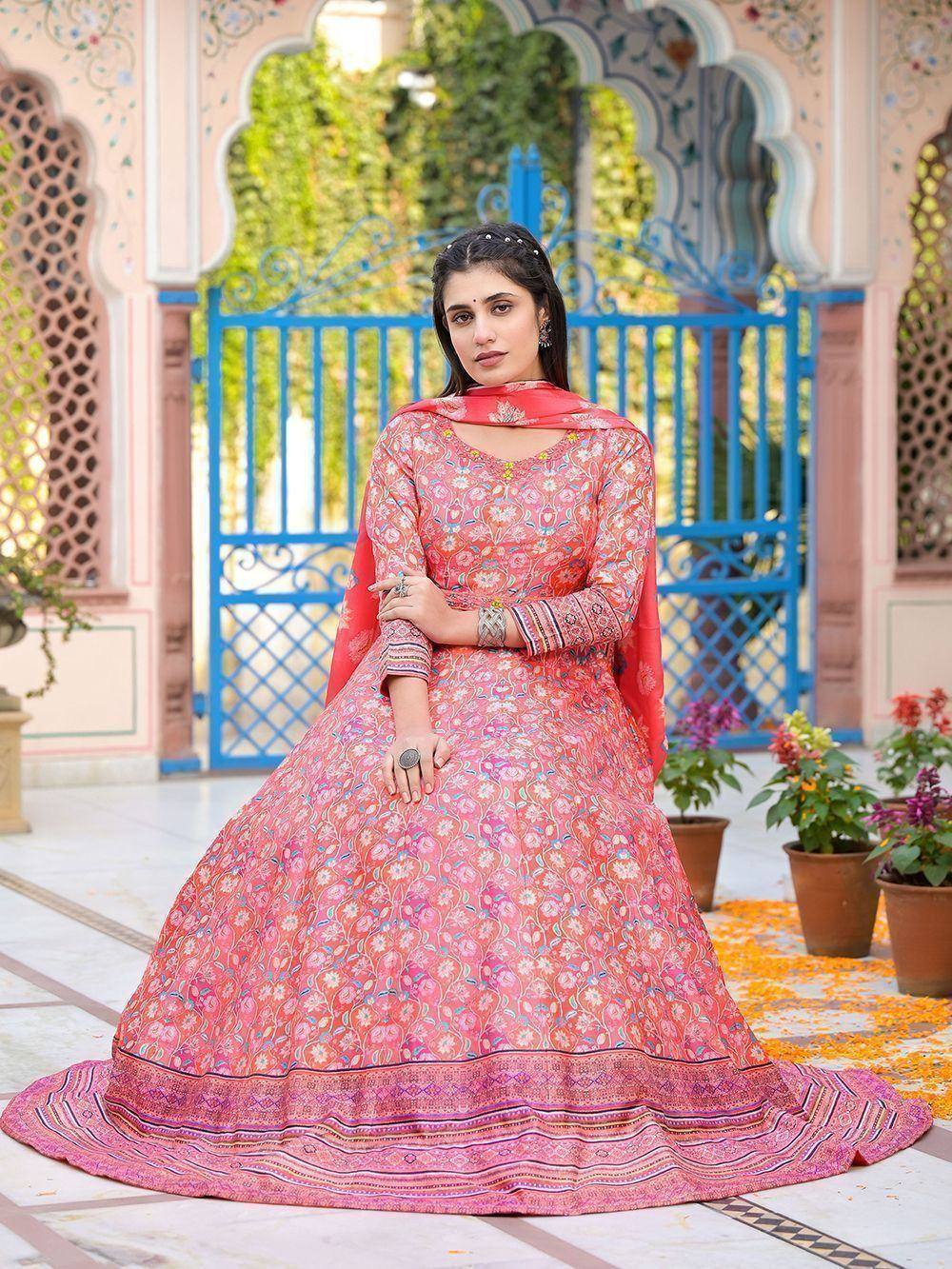 Pink floral printed anarkali suit with dupatta, ethnic Indian wear for women