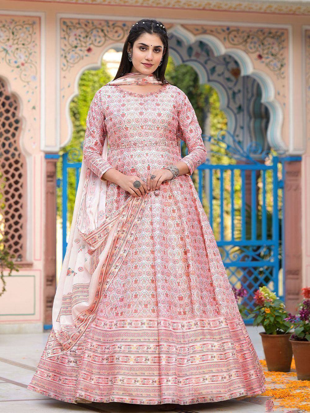 Pink printed anarkali suit with dupatta, Indian ethnic wear for women, floral patterns, traditional design