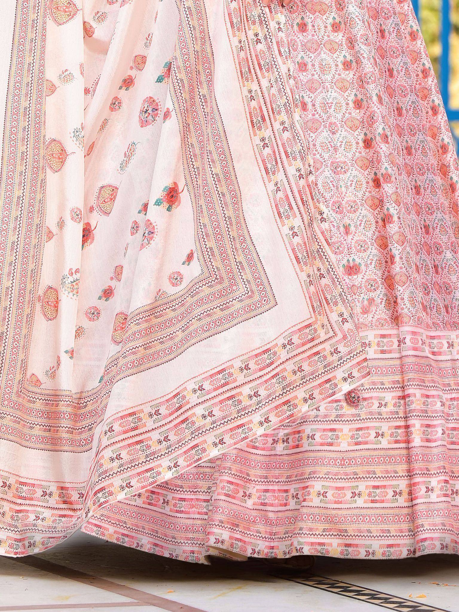 Pink floral printed lehenga choli with intricate border detailing, ethnic Indian wear