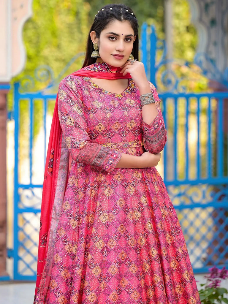 Wonderful Pink Digital Printed Dola Silk Function Wear Gown