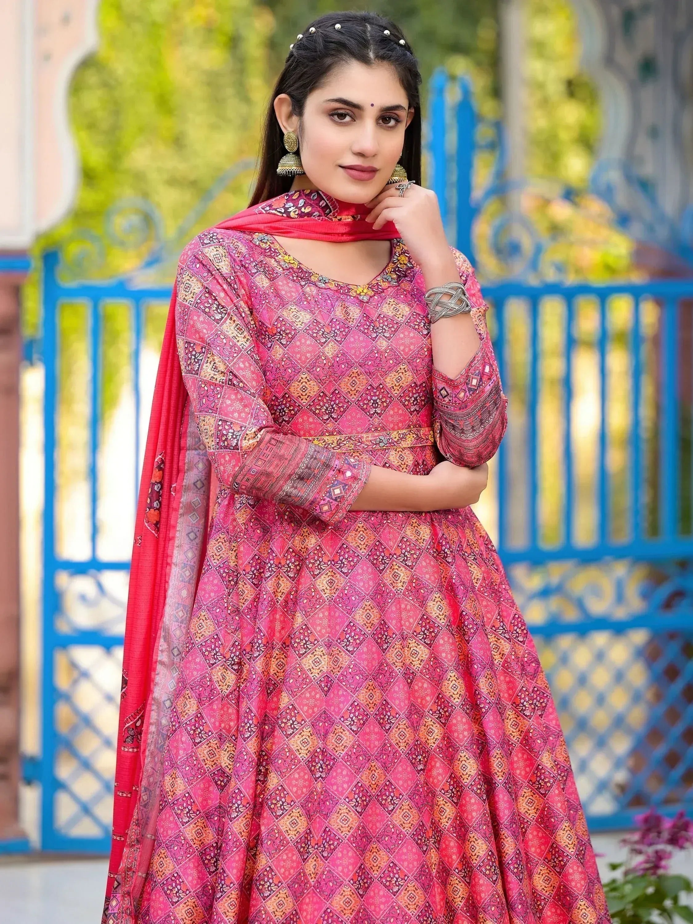 Pink printed ethnic anarkali suit with dupatta, perfect for Indian occasions and festivals