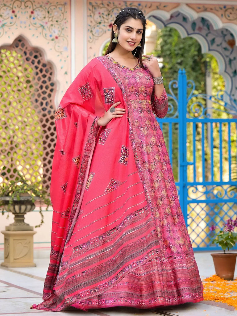 Wonderful Pink Digital Printed Dola Silk Function Wear Gown