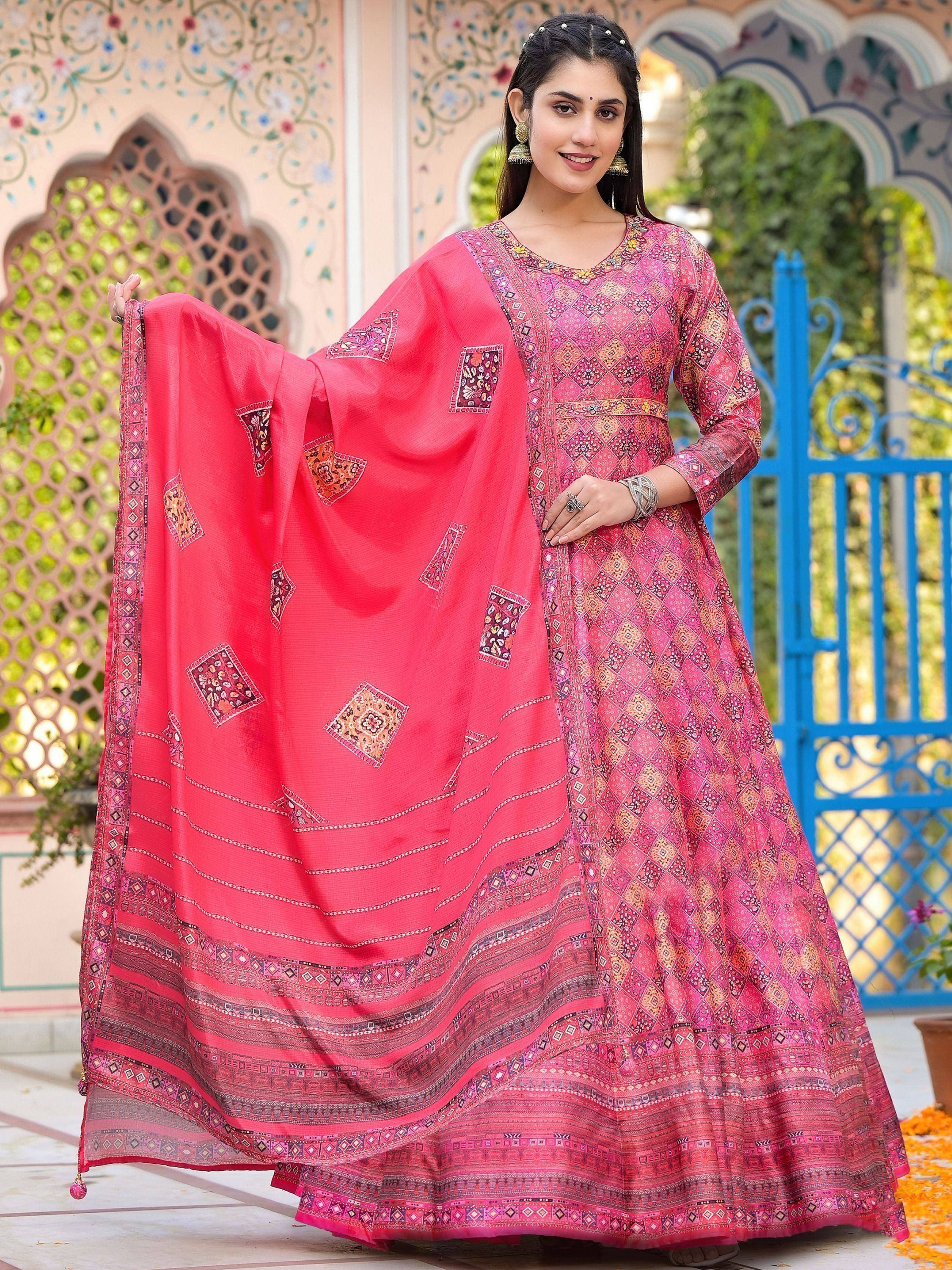Pink printed anarkali suit with matching dupatta, ethnic Indian wear for women