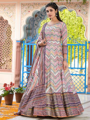 Marvelous Off-White Digital Printed Dola Silk Traditional Gown