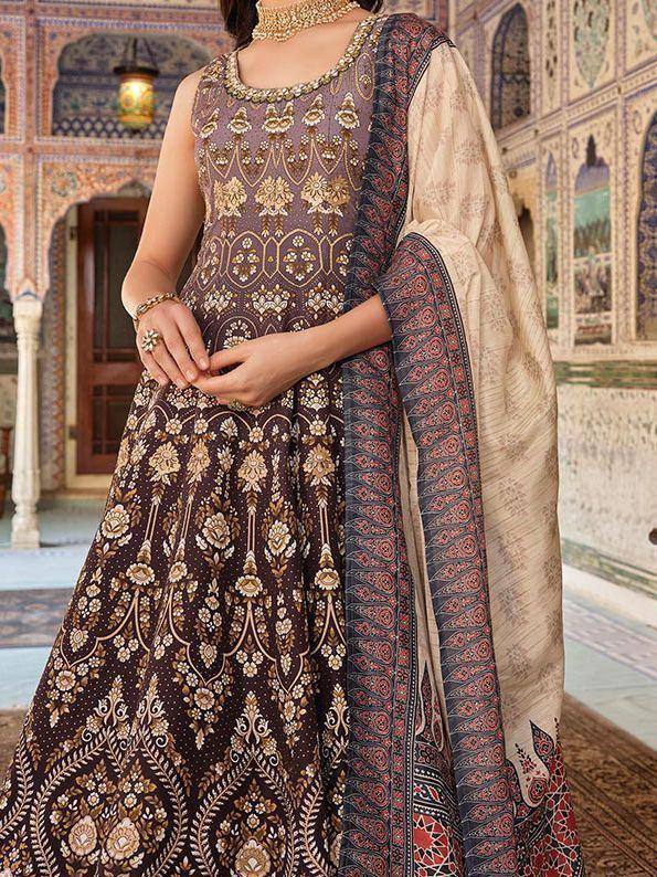 Elegant brown embroidered anarkali suit with gold detailing and patterned dupatta, perfect for Indian ethnic occasions.