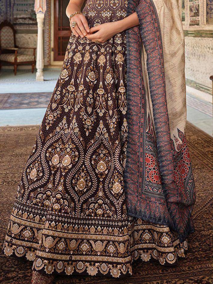 Brown floral embroidered lehenga choli with patterned dupatta, traditional Indian ethnic wear