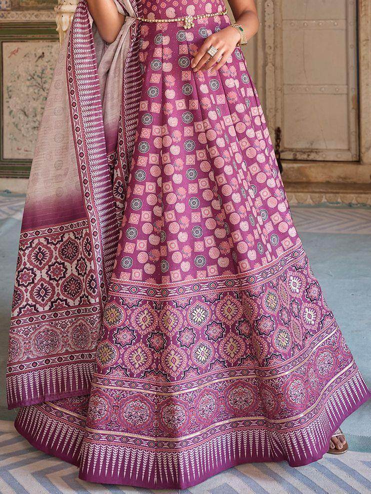 Incredible Purple Digital Printed Dola Silk Event Wear Gown With Dupatta