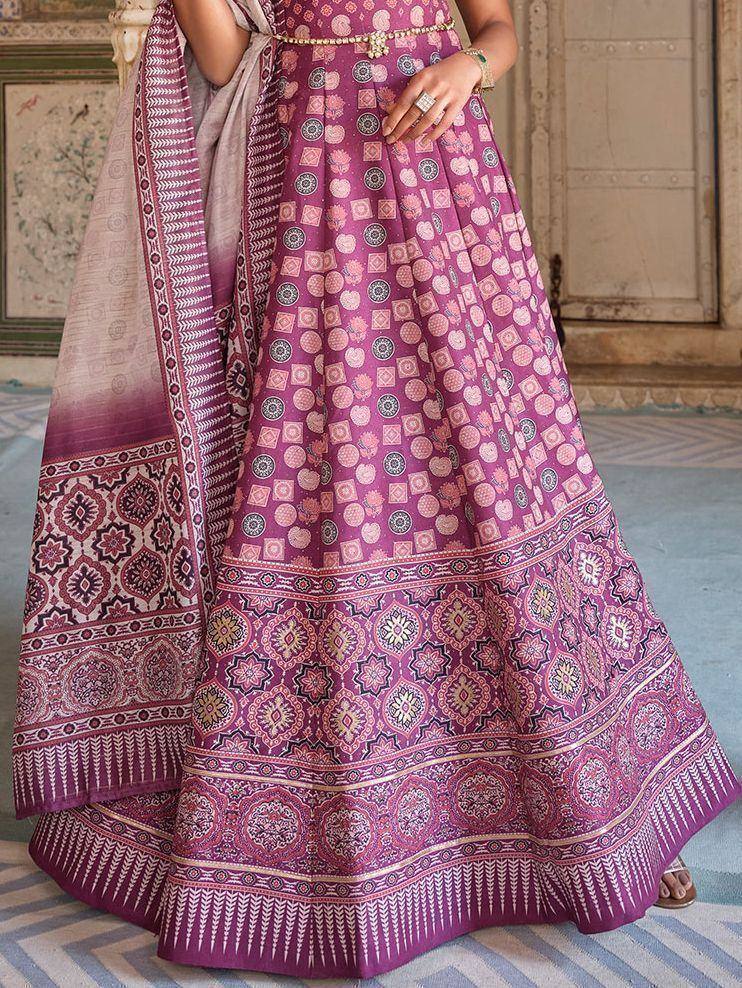 Purple printed lehenga choli with intricate patterns and matching dupatta, ideal for Indian ethnic occasions