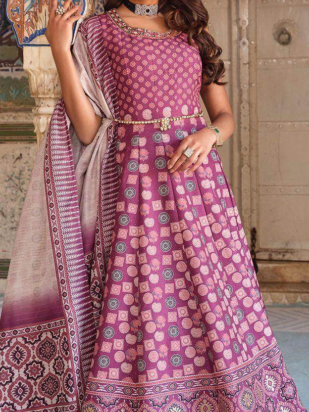Incredible Purple Digital Printed Dola Silk Event Wear Gown With Dupatta
