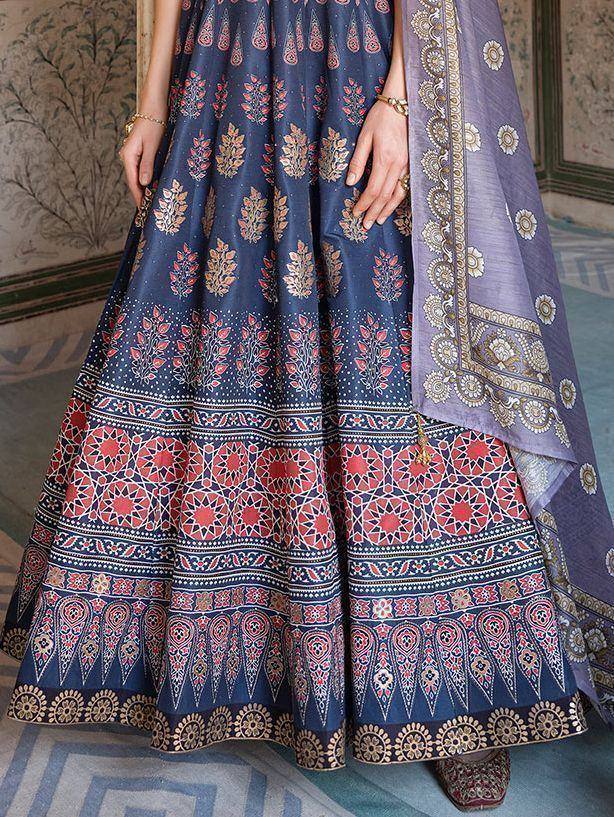 Blue printed lehenga choli with red border & purple dupatta, ethnic Indian wear
