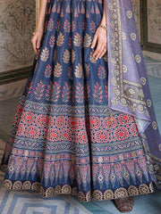 Marvelous Blue Digital Printed Dola Silk Traditional Gown With Dupatta