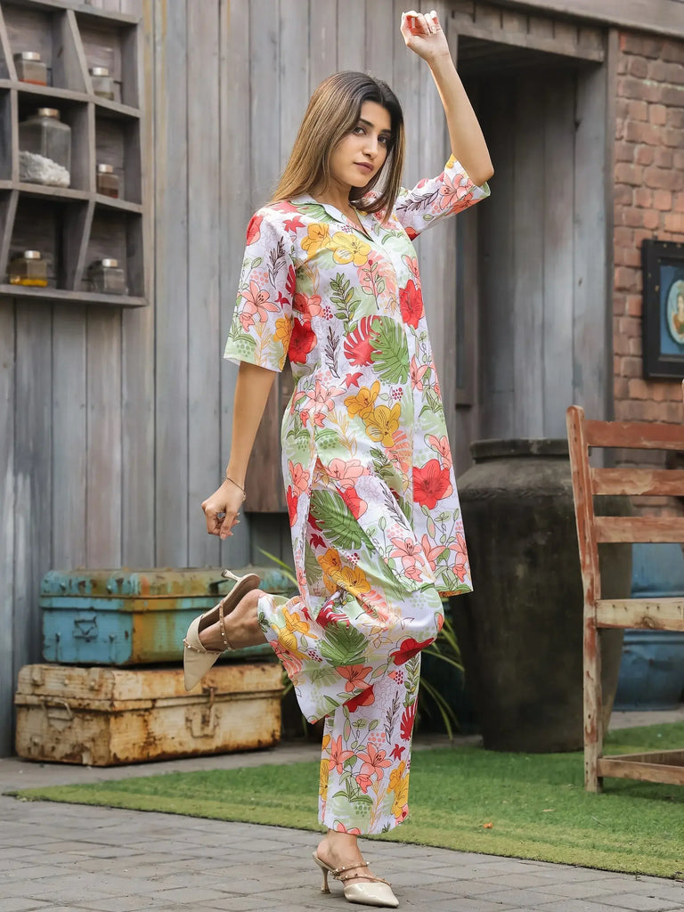Captivating White Floral Printed Cotton Top Palazzo Co-Ord Set