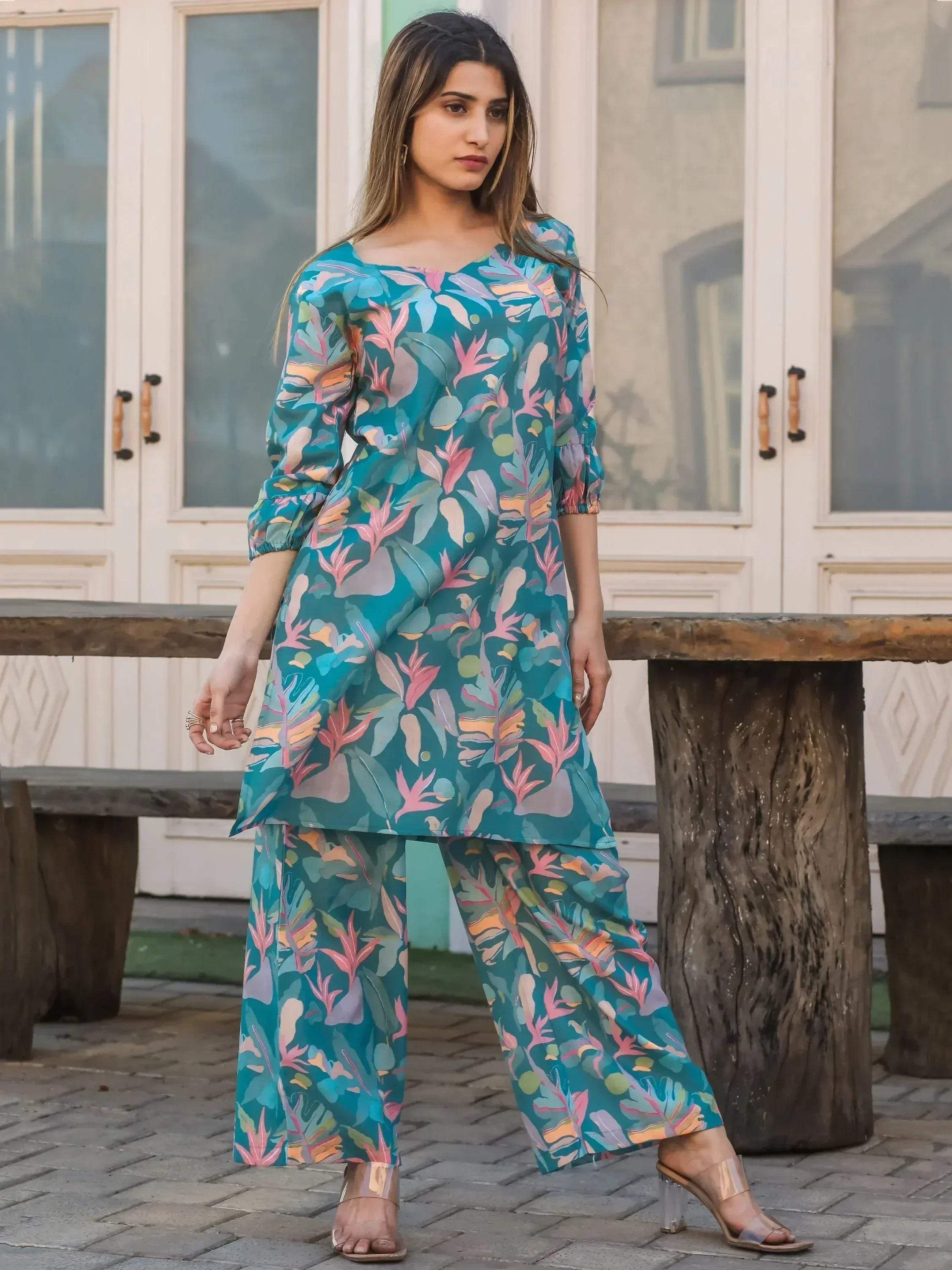 Teal floral print salwar kameez with wide pants, stylish ethnic wear for women