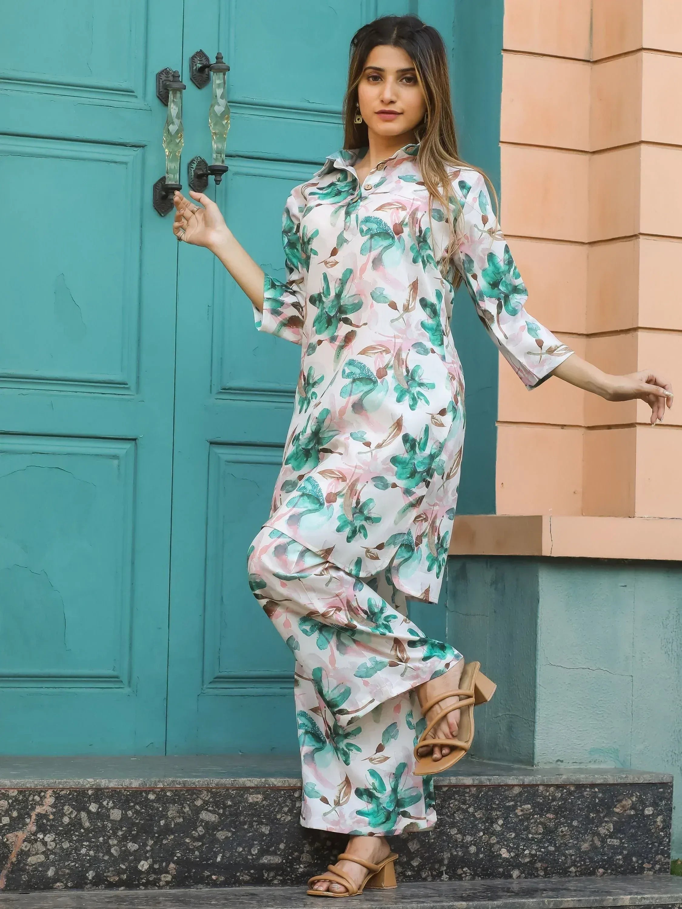 Floral print ethnic kurta set with palazzo pants, perfect for casual Indian wear