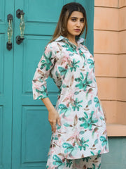 Alluring White Digital Printed Cotton Top Palazzo Co-Ord Set