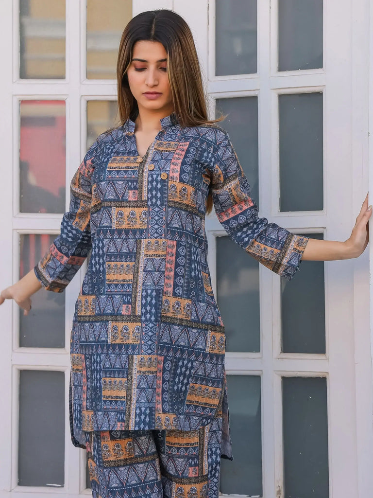 Mesmerizing Blue Digital Printed Cotton Top Palazzo Co-Ord Set