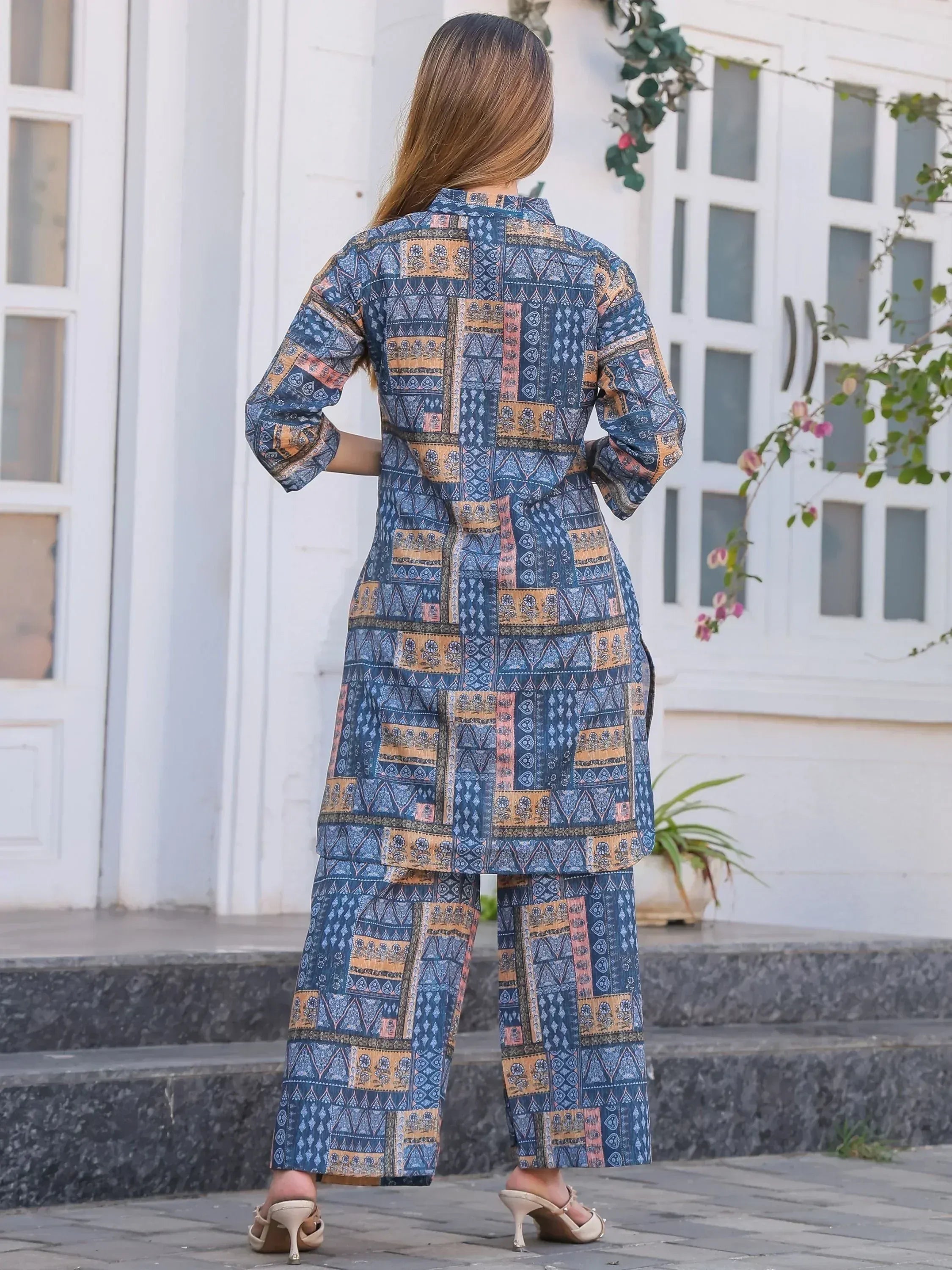 Blue and gold printed salwar kameez with patchwork design, ethnic wear for women