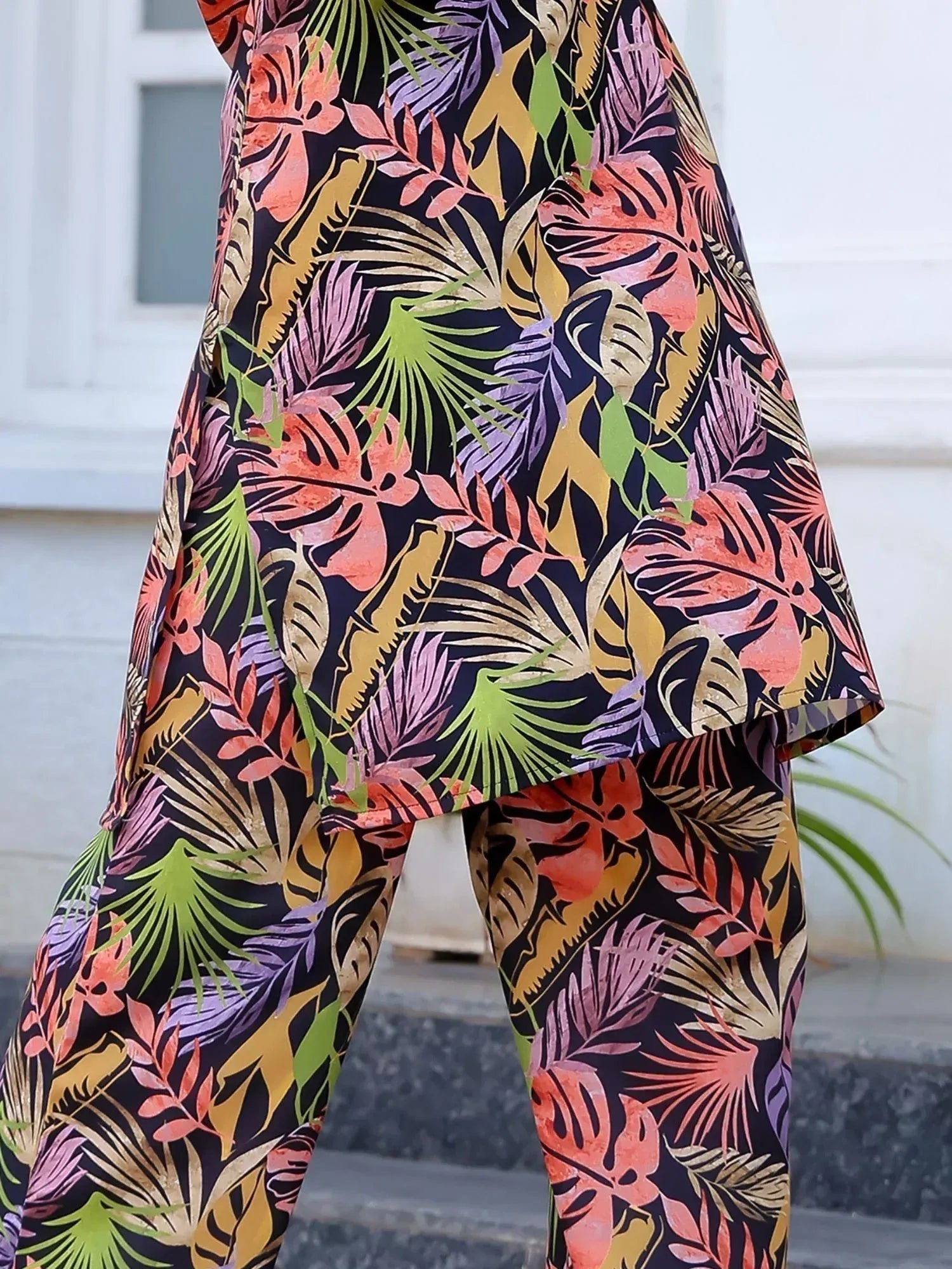Vibrant tropical leaf print ethnic kurta and pants set for women