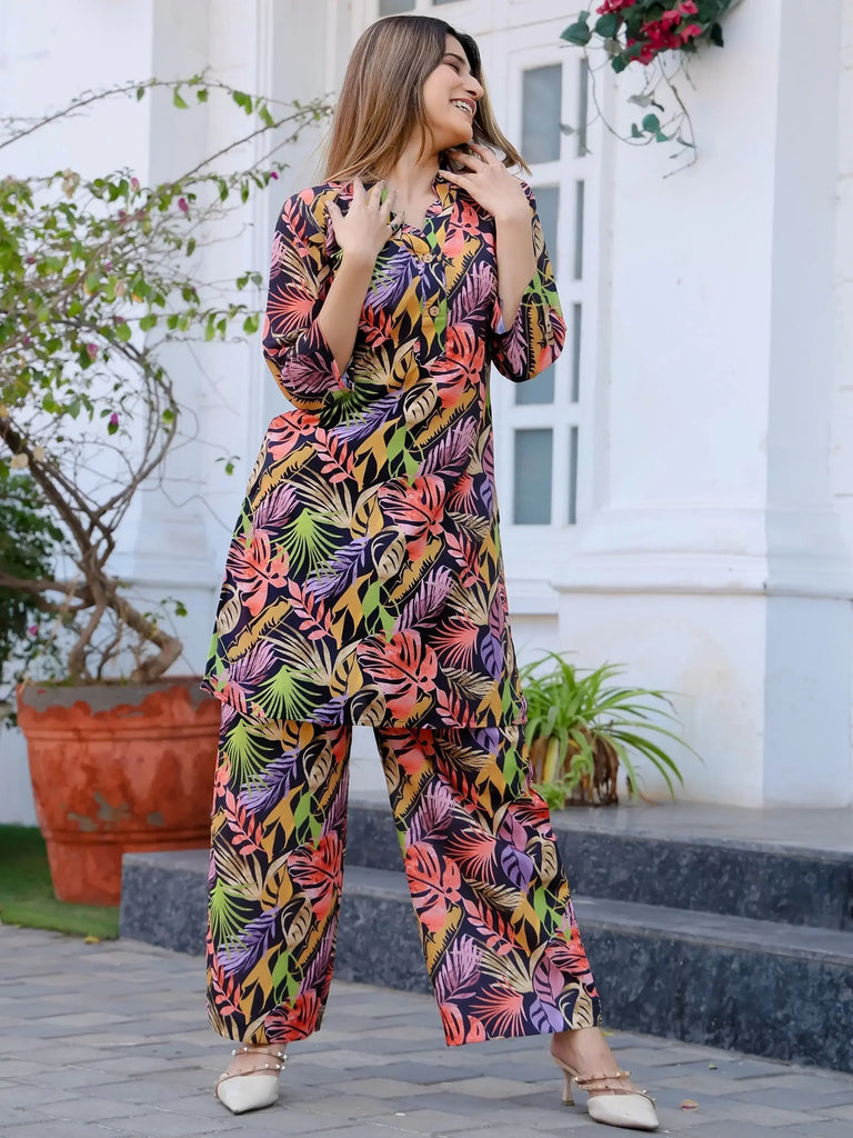 Attractive Black Digital Printed Cotton Top Palazzo Co-Ord Set